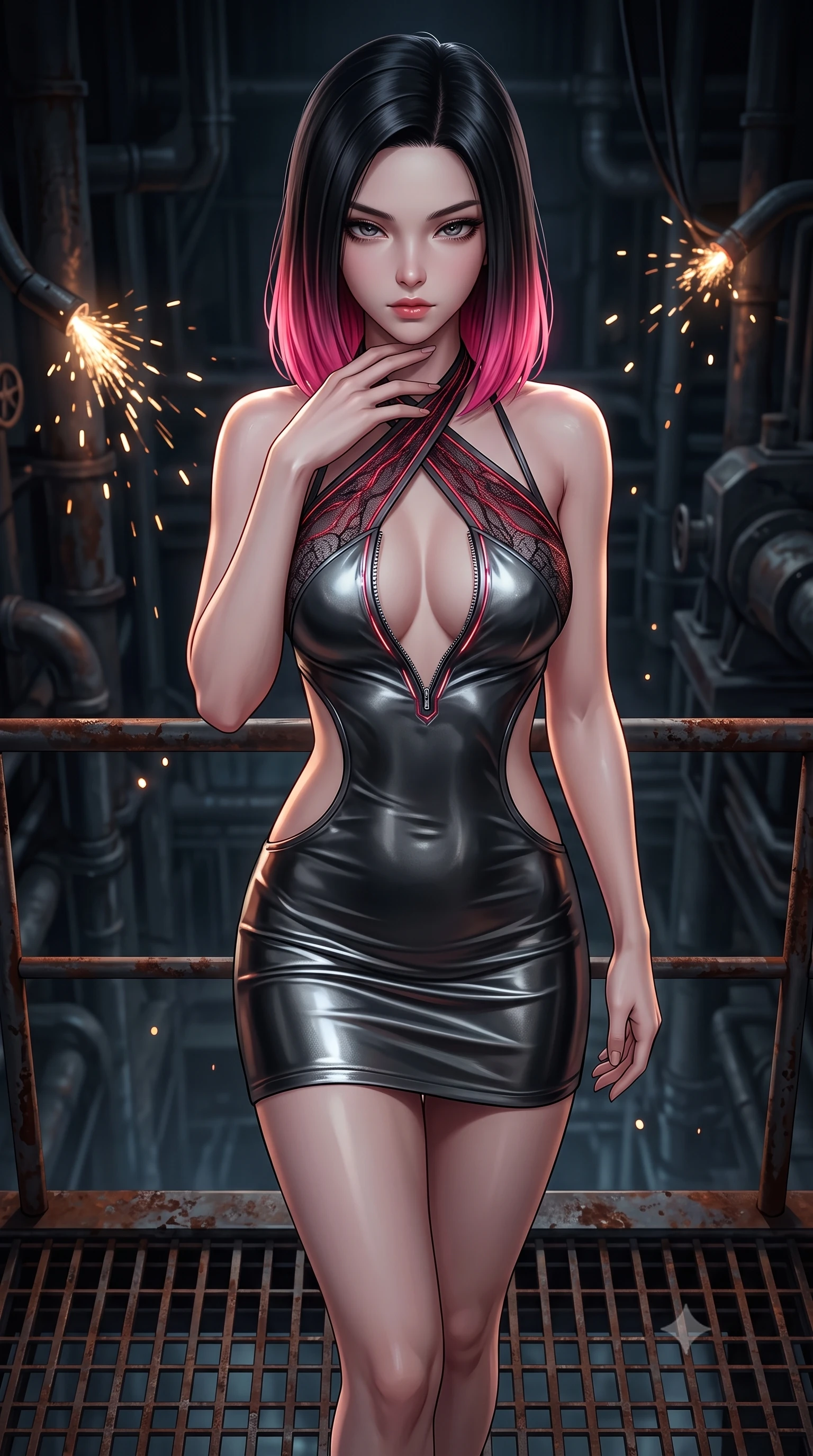 score_9, masterpiece, best quality, ultra-detailed, high-budget anime keyframe, semi-realistic 3D game render, editorial fashion photography, tasteful artistic composition, Korean woman. close-up cowboy shot from the waist and thighs up, the character dominates the composition, filling the frame with her large presence. resting her fingers lightly against her throat while looking down with a smoldering, haughty yet intensely captivating glance while standing with commanding dangerous allure on a rusted metal grating suspended above a dark factory abyss. The composition keeps background elements in soft focus with creamy bokeh. sparks from severed conduits scattering glowing light motes across a dark industrial backdrop. She has an exceptionally elegant, slender, and willowy female figure with an ultra-slim waist, a gracefully sculpted slender torso, toned flat midriff, and a refined slim silhouette. sharp v-shaped jawline, high-bridge nose, intricate jewel-like eyes with depth, thick eyelashes, glossy lips with a natural sheen, flawlessly proportioned anatomical accuracy, strict slender model proportions, natural body alignment, perfectly sculpted long slender limbs, ultra-slim waistline, clean dynamic posture without body distortion. wearing a molten gunmetal liquid-metal mini dress featuring deep side-waist cutouts and a daring crossover halter neckline in smoky charcoal grey and glowing crimson filaments, crafted from delicate dark lace interwoven with luminescent micro-fibers, featuring a dangerously unzipped neckline framed by subtle glowing cybernetic accents, the sleek second-skin cut tightly hugging her graceful clavicle, narrow waist, and feminine curves with athletic precision. surrounded by a gritty, rebellious, and fiercely provocative cyber-underworld queen aura. rich saturated anime colors with deep moody shadows, detailed chiaroscuro shading with soft gradients, rich glossy textures, high-contrast stereoscopic depth, volumetric dynamic shadow lighting, master piece, 9:16 ratio