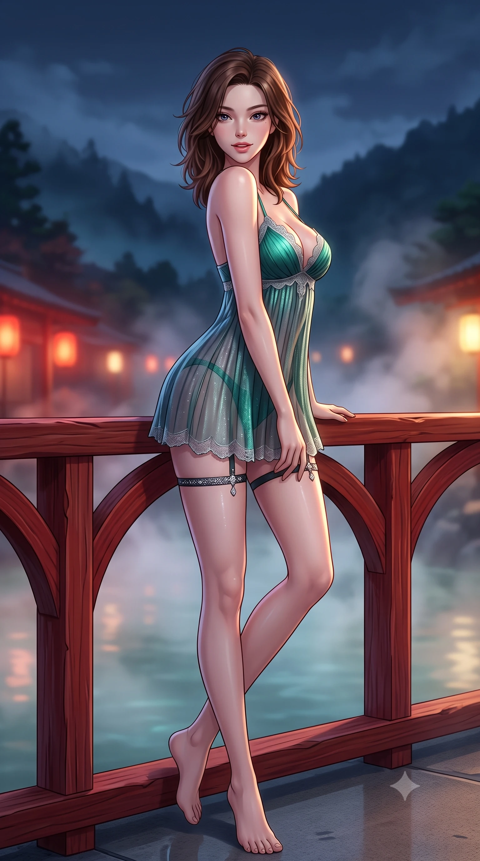 score_9, masterpiece, best quality, ultra-detailed, high-budget anime keyframe, semi-realistic 3D game render, editorial fashion photography, tasteful artistic composition, Korean woman. low angle full-body shot from head to toe showing her feet, filling the entire 9:16 vertical frame with her statuesque presence, stretching her vertical silhouette. walking along the terrace with poise, looking back over her bare shoulder with an irresistible smoldering bedroom-gaze while leaning against the smooth unlacquered cedar balustrade of the red arched bridge with hips cocked back, casting an intoxicating smoldering bedroom-gaze. The background shows a soft-focus drifting sulfur steam clouds softened in mystical Hakone mountain sanctuary shallow focus. She has an exceptionally tall and slender model-like 8.5-heads proportion, an ultra-slim waist, a flat toned midriff, narrow delicate ribcage, and beautifully sculpted feminine hips creating a graceful, slim hourglass silhouette without any bulky heaviness, with impossibly long slender legs. sharp v-shaped jawline, high-bridge nose, intricate jewel-like sparkling eyes with depth, thick eyelashes, glossy parted lips with a natural peach sheen, bright cheerful beaming smile with an enchanting and coquettish sensual glint, exuding both youthful cute charm and seductive allure, flawlessly proportioned anatomical accuracy, strict slender model proportions, natural body alignment, perfectly sculpted long slender limbs, ultra-slim waistline, clean dynamic posture without body distortion. wearing a form-contouring sheer pleated georgette baby-doll slip with plunging sweetheart neckline and scalloped lace trim in Nordic aurora emerald green and starlight silver, woven from stretch metallic lurex jersey casting radiant starlight glints across her curves, finished with delicate crystal-encrusted thigh garter straps glinting in the dim light, the second-skin tailored fabric adhering flawlessly to her sculpted flat midriff and slender torso, emphasizing her long leg lines and perfectly proportioned willowy build. bathed in the romantic vermilion-and-gold 2300K lantern glows contrasted with cool deep-blue mountain mist. highly saturated vibrant anime colors, detailed shading with soft gradients, rich glossy textures, high-contrast stereoscopic depth, volumetric dynamic lighting, master piece, 9:16 ratio