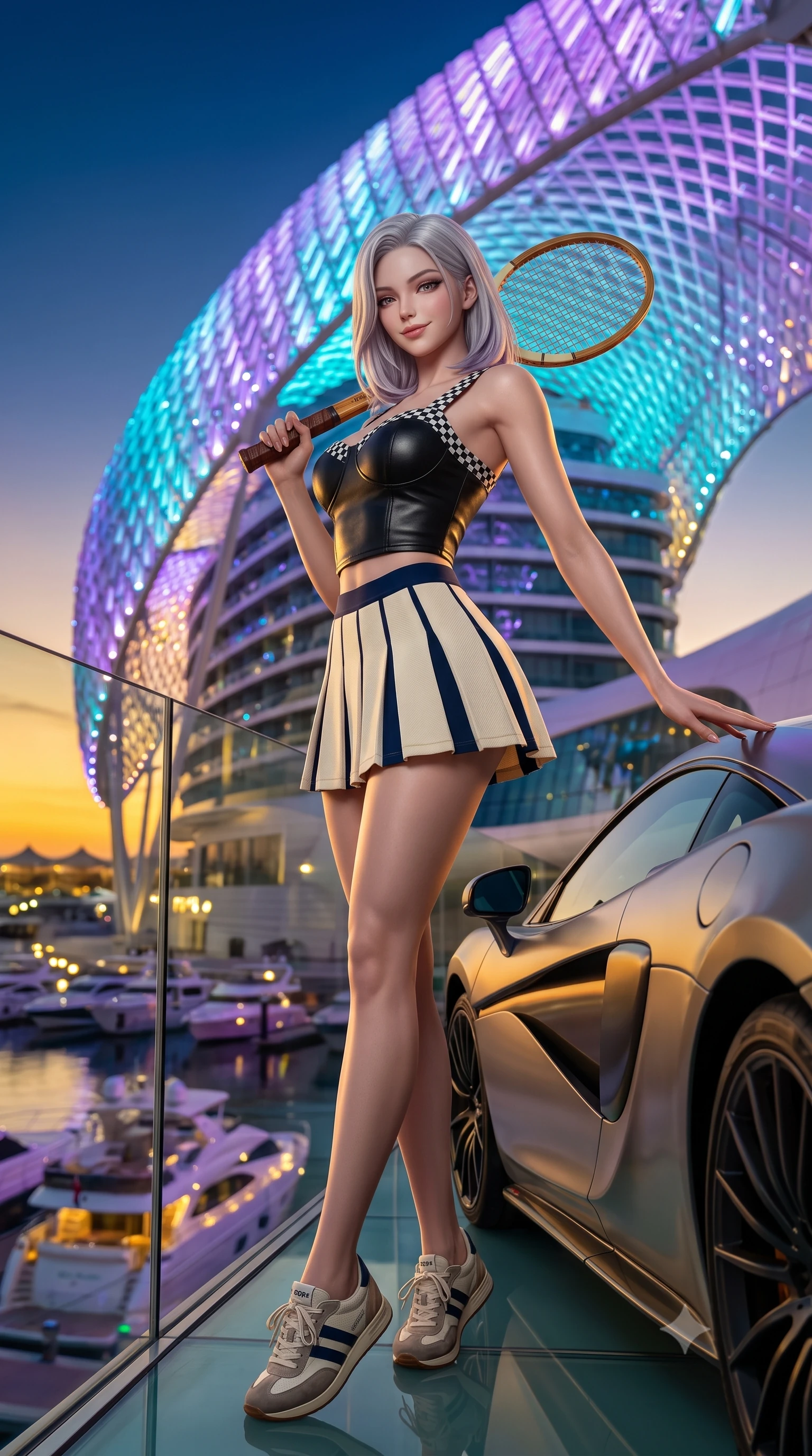 score_9, masterpiece, best quality, ultra-detailed, high-budget anime keyframe, semi-realistic 3D game render, editorial fashion photography, tasteful artistic composition, Caucasian woman. low angle full-body shot from head to toe showing her feet, filling the entire 9:16 vertical frame with her statuesque presence, stretching her vertical silhouette. standing in a tall, confident posture with one hand on the sports car roof, stretching her statuesque body as she arches her lower back to emphasize her sculpted feminine hips and slender waist while standing poised on the glass-walled VIP rooftop terrace as the sun sets over the futuristic illuminated grid shell hotel, arching her back with majesty. The background shows a soft-focus the colossal flowing LED grid shell of the Yas Hotel shifting in violet, cyan, and gold and luxury yachts in the marina blurred into vibrant bokeh. She has an absolutely perfect, statuesque 8.5-heads proportion, an exceptionally tall and slender model-like female figure with impossibly long slender legs, an ultra-slim waist, a flat toned midriff, narrow delicate ribcage, and beautifully sculpted feminine hips creating a graceful, slim hourglass silhouette without any bulky heaviness. sharp v-shaped jawline, high-bridge nose, sparkling eyes with athletic focus and depth, thick curled eyelashes, glossy parted lips with a natural coral-peach sheen, bright confident and coquettish smile with alluring bedroom-eyes, exuding both youthful sporty vigor and sovereign high-society glamour, flawlessly proportioned anatomical accuracy, strict slender model proportions, natural body alignment, perfectly sculpted long slender limbs, ultra-slim waistline, clean dynamic posture without body distortion. wearing a chic leather bustier top with checkered flag trim paired with an ultra-short A-line tennis skirt in retro tennis cream and navy blue stripes, made of second-skin technical compression piqué knit with moisture-wicking stretch, featuring a vintage wooden tennis racket held casually over one shoulder, the form-contouring athletic cut accentuating her sculpted flat midriff, narrow delicate ribcage, and gracefully curvy hips with supermodel precision. bathed in dramatic desert sunset golden hour twilight combined with vibrant LED canopy color washes. highly saturated vibrant anime colors, detailed shading with soft gradients, rich glossy textures, high-contrast stereoscopic depth, volumetric dynamic lighting, master piece, 9:16 ratio