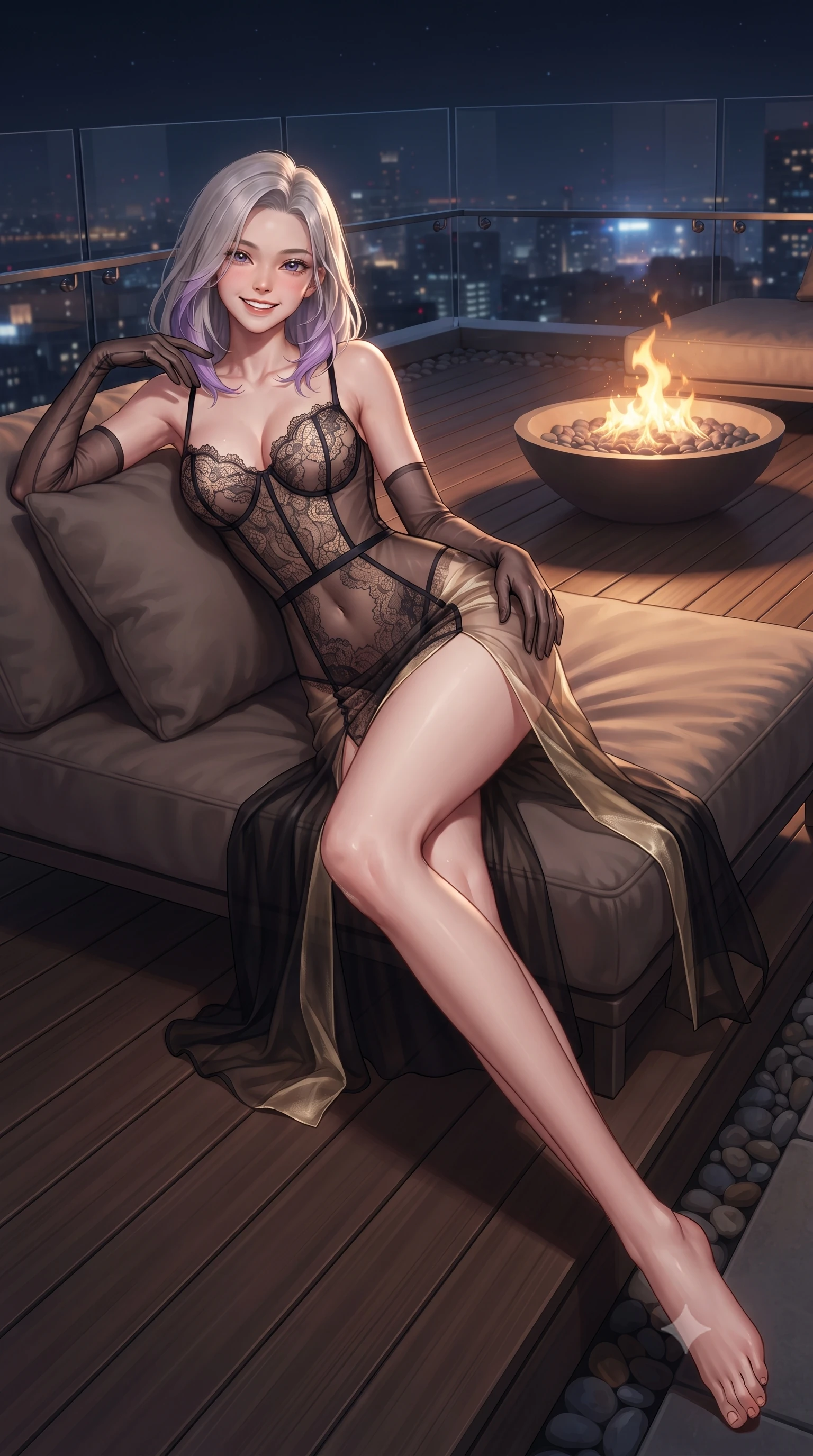 score_9, masterpiece, best quality, ultra-detailed, high-budget anime keyframe, editorial fashion photography, tasteful artistic composition, Caucasian woman. low angle full-body shot from head to toe showing her feet, filling the entire 9:16 vertical frame with her statuesque presence, stretching her vertical silhouette. reclining gracefully across the plush chaise lounge with one leg extended, her sculpted silhouette and flat midriff radiating magnetic nocturnal glamour while twisting her slender torso in an alluring S-curve beside the outdoor fire bowl, harbor breezes fluttering her sheer gown around her slender legs. The surrounding environment is rendered in vivid detail and crisp panoramic clarity: sharp cedar plank deck fasteners, clear glass balustrade edge bevels, and river pebble borders in deep focus. She has an exceptionally tall and slender model-like 8.5-heads proportion, an ultra-slim waist, a flat toned midriff, narrow delicate ribcage, and beautifully sculpted feminine hips creating a graceful, slim hourglass silhouette without any bulky heaviness, with impossibly long slender legs. sharp v-shaped jawline, high-bridge nose, intricate jewel-like sparkling eyes with depth, thick eyelashes, glossy parted lips with a natural peach sheen, bright cheerful beaming smile with an enchanting and coquettish sensual glint, exuding both youthful cute charm and seductive allure, flawlessly proportioned anatomical accuracy, strict slender model proportions, natural body alignment, perfectly sculpted long slender limbs, ultra-slim waistline, clean dynamic posture without body distortion. wearing a provocative translucent lace corset dress with sheer side-torso panels hugging her hourglass waist in midnight noir obsidian black and pure champagne gold, crafted from translucent silk organza with an ethereal crystalline sheen, complemented by sheer opera-length evening gloves tracing her slender arms, the liquid-tight tailored fabric clinging flawlessly to her narrow waist and rounded feminine hips, emphasizing every millimeter of her sculpted slim hourglass curves without any bulky heaviness. bathed in the warm dancing 2400K hearth light of the outdoor fire bowl contrasted with electric cityscape ambient. ultra-reflective glossy finish, specular highlights, rich textural contrasts, high-contrast stereoscopic depth, volumetric dynamic lighting, 2k, ultra detail, master piece, 9:16 ratio