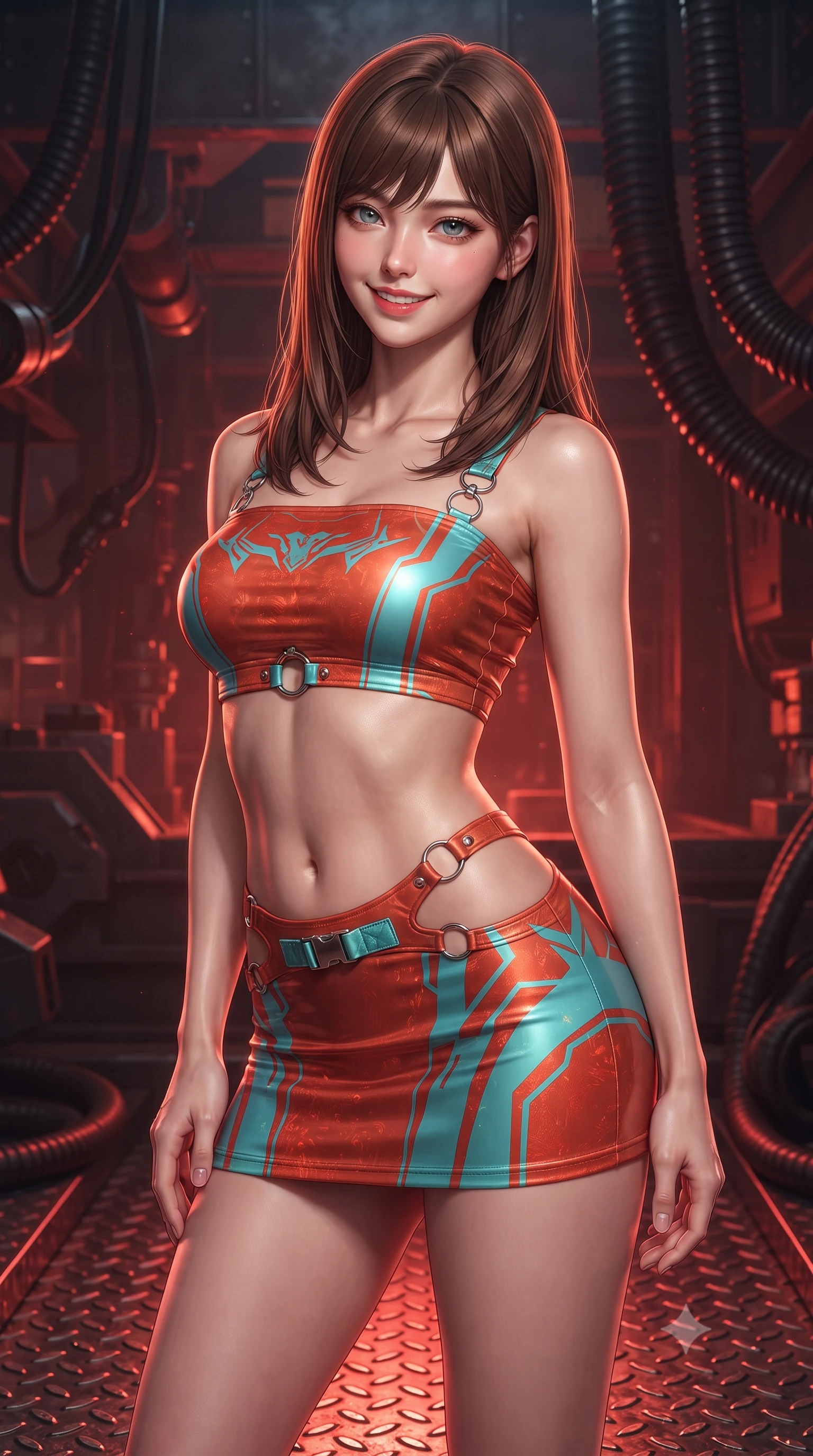 score_9, masterpiece, best quality, ultra-detailed, high-budget anime keyframe, editorial fashion photography, tasteful artistic composition, Korean woman. close-up cowboy shot from the waist and thighs up, the character dominates the composition, filling the frame with her large presence. tilting her head with a teasing half-smile, running one hand slowly down the side of her hip in a flirtatious S-curve as ambient light caresses her silhouette while twisting her slender torso in an alluring contrapposto stance beside the slag skimming crane, incandescent crimson magma light caressing her narrow waist and curvy hips. The surrounding environment is rendered in vivid detail and crisp panoramic clarity: sharp heavy-gauge steel diamond tread, glowing red weld seams on armor plates, and heavy hydraulic cooling conduits in deep focus. She has an exceptionally elegant, slender, and willowy female figure with an ultra-slim waist, flat toned midriff, narrow ribcage, and sculpted feminine hips creating an alluring, slim hourglass silhouette without bulk. sharp v-shaped jawline, high-bridge nose, intricate jewel-like sparkling eyes with depth, thick eyelashes, glossy parted lips with a natural peach sheen, bright cheerful beaming smile with an enchanting and coquettish sensual glint, exuding both youthful cute charm and seductive allure, flawlessly proportioned anatomical accuracy, strict slender model proportions, natural body alignment, perfectly sculpted long slender limbs, ultra-slim waistline, clean dynamic posture without body distortion. wearing an ultra-cropped tactical tech-wear bandeau top with molded shoulder armor paired with a micro mini skirt revealing her flat toned midriff in cyber-shinto vermilion and laser turquoise, adorned with delicate chrome ring hardware and cutouts along her slender waist, finished with sleek magnetic buckle closures fluttering in the breeze, the liquid-tight tailored fabric clinging flawlessly to her narrow waist and rounded feminine hips, emphasizing every millimeter of her sculpted slim hourglass curves without any bulky heaviness. illuminated by molten slag reflection bounce and sharp copper-gold rim lights sculpting her razor-sharp jawline, narrow waist, and curvy hips. ultra-reflective glossy finish, specular highlights, rich textural contrasts, high-contrast stereoscopic depth, volumetric dynamic lighting, 2k, ultra detail, master piece, 9:16 ratio