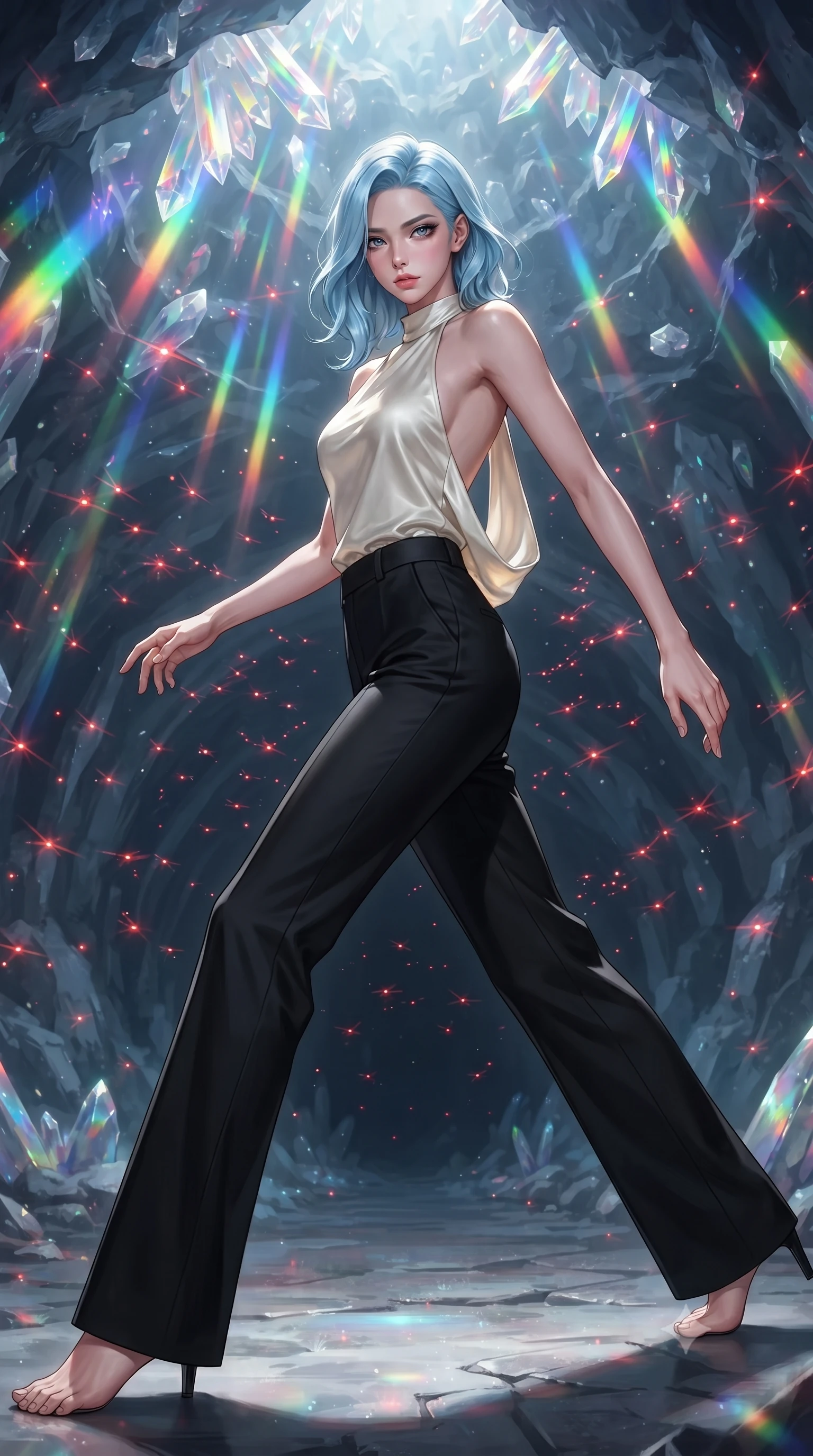 score_9, masterpiece, best quality, ultra-detailed, high-budget anime keyframe, editorial fashion photography, tasteful artistic composition, realistic cosplay photography, Korean woman. low angle full-body shot from head to toe showing her feet, filling the entire 9:16 vertical frame with her statuesque presence, stretching her vertical silhouette. lunging forward with a piercing thrust, her entire silhouette stretched in action through a subterranean cavern converted into a drone launch facility, hundreds of small flying red lights swarming in the air. She has a statuesque 8.5-heads proportion, an exceptionally tall, slender and willowy model-like build with impossibly long legs and a highly sculpted ultra-slim waist. sharp v-shaped jawline, high-bridge nose, intricate jewel-like eyes with depth, thick eyelashes, glossy lips with a natural sheen. wearing catching and diffusing the glowing particles, shimmering softly in response to the surrounding light, a slim-fit ivory silk halter-neck top with a draped open back, tucked into tailored black wide-leg trousers. cascading rainbow prismatic light refracting through crystal formations overhead. ultra-reflective glossy finish, specular highlights, metallic sheen, high-contrast stereoscopic depth, volumetric dynamic lighting, 2k, ultra detail, master piece, 9:16 ratio