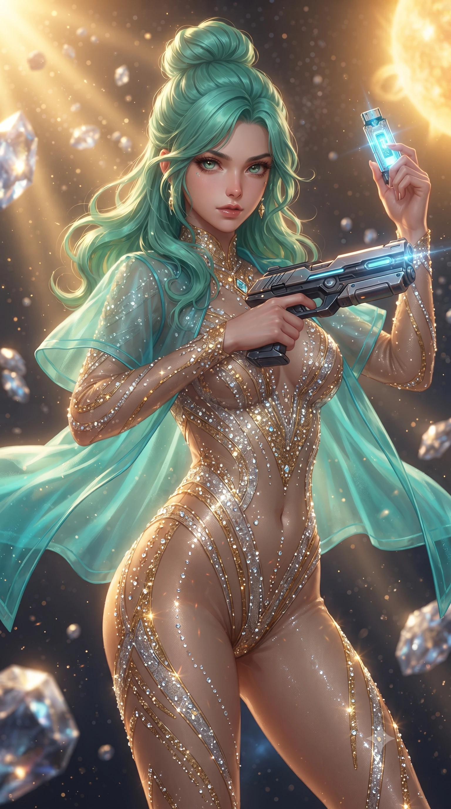 score_9, masterpiece, best quality, ultra-detailed, high-budget anime keyframe, editorial fashion photography, tasteful artistic composition, realistic cosplay photography, Japanese woman. close-up cowboy shot from the waist and thighs up, the character dominates the composition, filling the frame with her large presence, background elements kept in soft focus. Holding a glowing data drive aloft while reloading a futuristic plasma pistol, ready for the next wave. set against a soft-focus background of an asteroid belt composed of crystalline diamond rocks reflecting the light of a nearby supergiant star, space dust glittering. She has an exceptionally elegant and slender, willowy female figure with an ultra-slim waist, a gracefully sculpted slender torso, and a refined slim physique. sharp v-shaped jawline, high-bridge nose, intricate jewel-like eyes with depth, thick eyelashes, glossy lips with a natural sheen. wearing the lightweight fabric rippling and billowing dramatically with her movement, a body-hugging crystal-embellished sheer bodysuit in gold and silver, under a short transparent turquoise organza cape. golden hour sunlight streaming in warm shafts with floating dust particles catching the light. ultra-reflective glossy finish, specular highlights, metallic sheen, high-contrast stereoscopic depth, volumetric dynamic lighting, 2k, ultra detail, master piece, 9:16 ratio