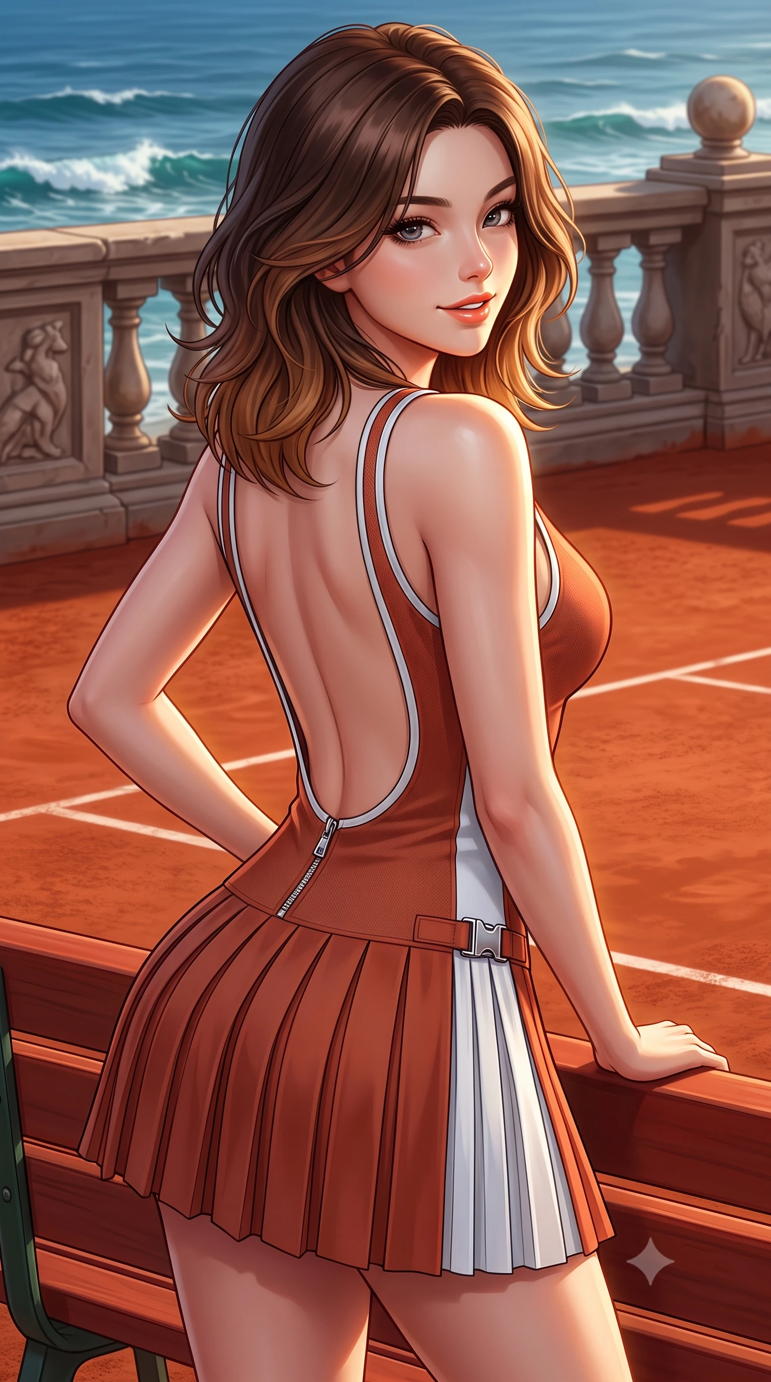 score_9, masterpiece, best quality, ultra-detailed, high-budget anime keyframe, semi-realistic 3D game render, editorial fashion photography, tasteful artistic composition, Korean woman. close-up cowboy shot from the waist and thighs up, the character dominates the composition, filling the frame with her large presence. posing in an alluring rear three-quarter angle, turning over a bare shoulder with an intoxicating gaze, her hips cocked back to highlight her slim hourglass curve against the paddock lights while leaning against the red clay court bench with hips cocked back, looking into the lens with an enchanting, wind-swept tennis smile. The surrounding environment is rendered in vivid detail and crisp panoramic clarity: sharp red clay surface texture, stone balustrade relief, and ocean wave crest clarity in deep focus. She has an exceptionally elegant, slender, and willowy female figure with an ultra-slim waist, flat toned midriff, narrow ribcage, and sculpted feminine hips creating an alluring, slim hourglass silhouette without bulk. sharp v-shaped jawline, high-bridge nose, sparkling eyes with athletic focus and depth, thick curled eyelashes, glossy parted lips with a natural coral-peach sheen, bright confident and coquettish smile with alluring bedroom-eyes, exuding both youthful sporty vigor and sovereign high-society glamour, flawlessly proportioned anatomical accuracy, strict slender model proportions, natural body alignment, perfectly sculpted long slender limbs, ultra-slim waistline, clean dynamic posture without body distortion. wearing a deep V-neck knit tennis dress with an open-back scoop and knife-pleated skirt tracing her narrow waist and hips in classic clay-court terracotta and cloud white, tailored from lightweight aerodynamic carbon-fiber composite with structured weave, finished with polished chrome zipper pulls and racing harness buckle hardware, the precision-cut side openings and low-back scoop framing her graceful spine and the sensual sweep of her slim, athletic hips. illuminated by ocean surf bounce fill and sharp warm-gold rim lights defining her razor-sharp jawline, narrow waist, and curvy hips. highly saturated vibrant anime colors, detailed shading with soft gradients, rich glossy textures, high-contrast stereoscopic depth, volumetric dynamic lighting, master piece, 9:16 ratio