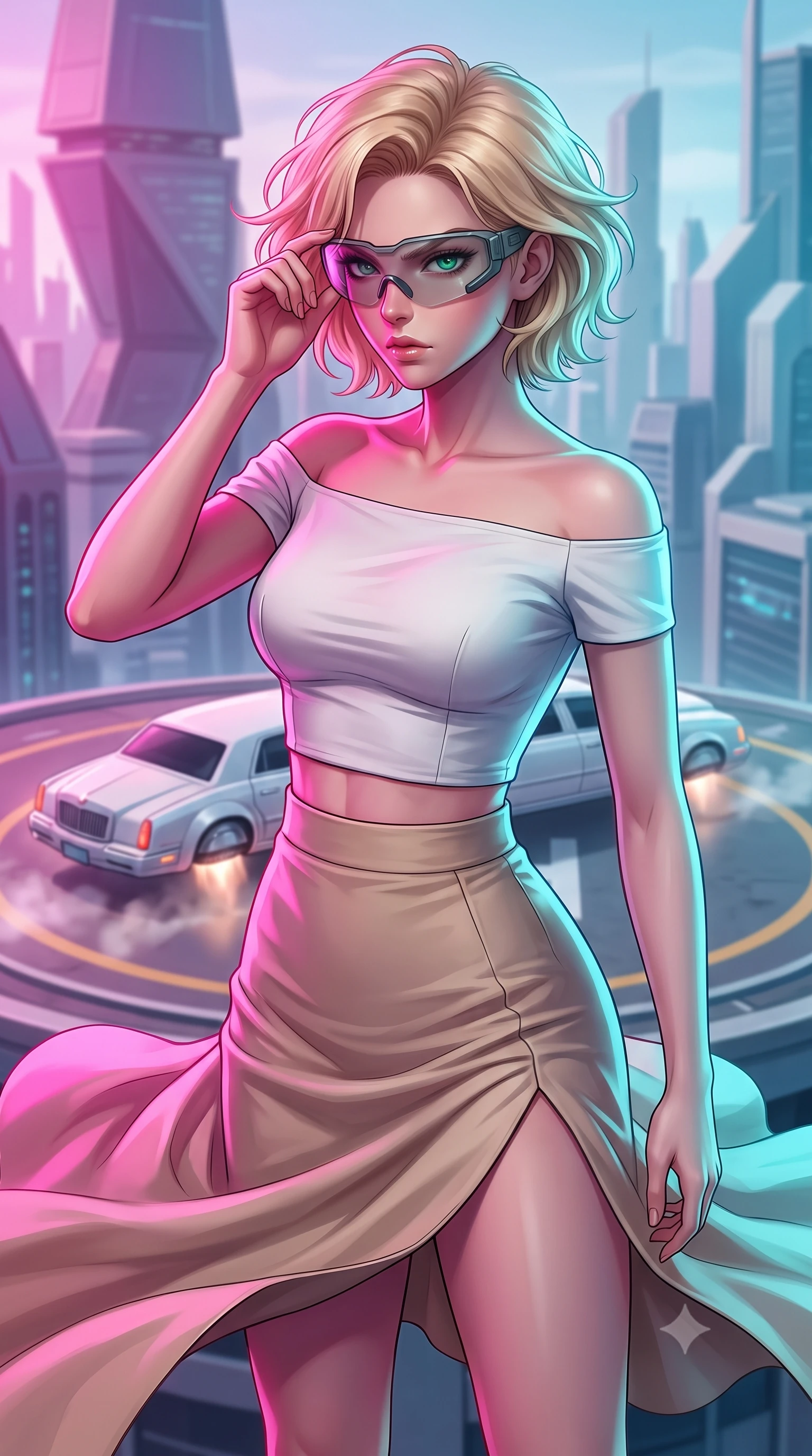 score_9, masterpiece, best quality, ultra-detailed, high-budget anime keyframe, editorial fashion photography, tasteful artistic composition, Caucasian woman, strictly human ears. close-up cowboy shot from the waist and thighs up, the character dominates the composition, filling the frame with her large presence, background elements kept in soft focus. Adjusting her tactical visor with one hand, eyes narrowed in sharp concentration at the target. set against a soft-focus background of a circular launching pad on top of a luxury hotel, a sleek white hover-limousine preparing to lift off. She has an exceptionally elegant and slender, willowy female figure with an ultra-slim waist, a gracefully sculpted slender torso, and a refined slim physique. sharp v-shaped jawline, high-bridge nose, intricate jewel-like eyes with depth, thick eyelashes, glossy lips with a natural sheen. wearing the lightweight fabric rippling and billowing dramatically with her movement, a tailored white off-shoulder crop top paired with a high-waisted beige tech-skirt featuring a high side slit. highly saturated vibrant anime colors, intense vivid color palette, soft 3D volumetric shading, volumetric dynamic lighting, dual-tone lighting with hot magenta from the left and cool cyan from the right. 2k, ultra detail, master piece, 9:16 ratio