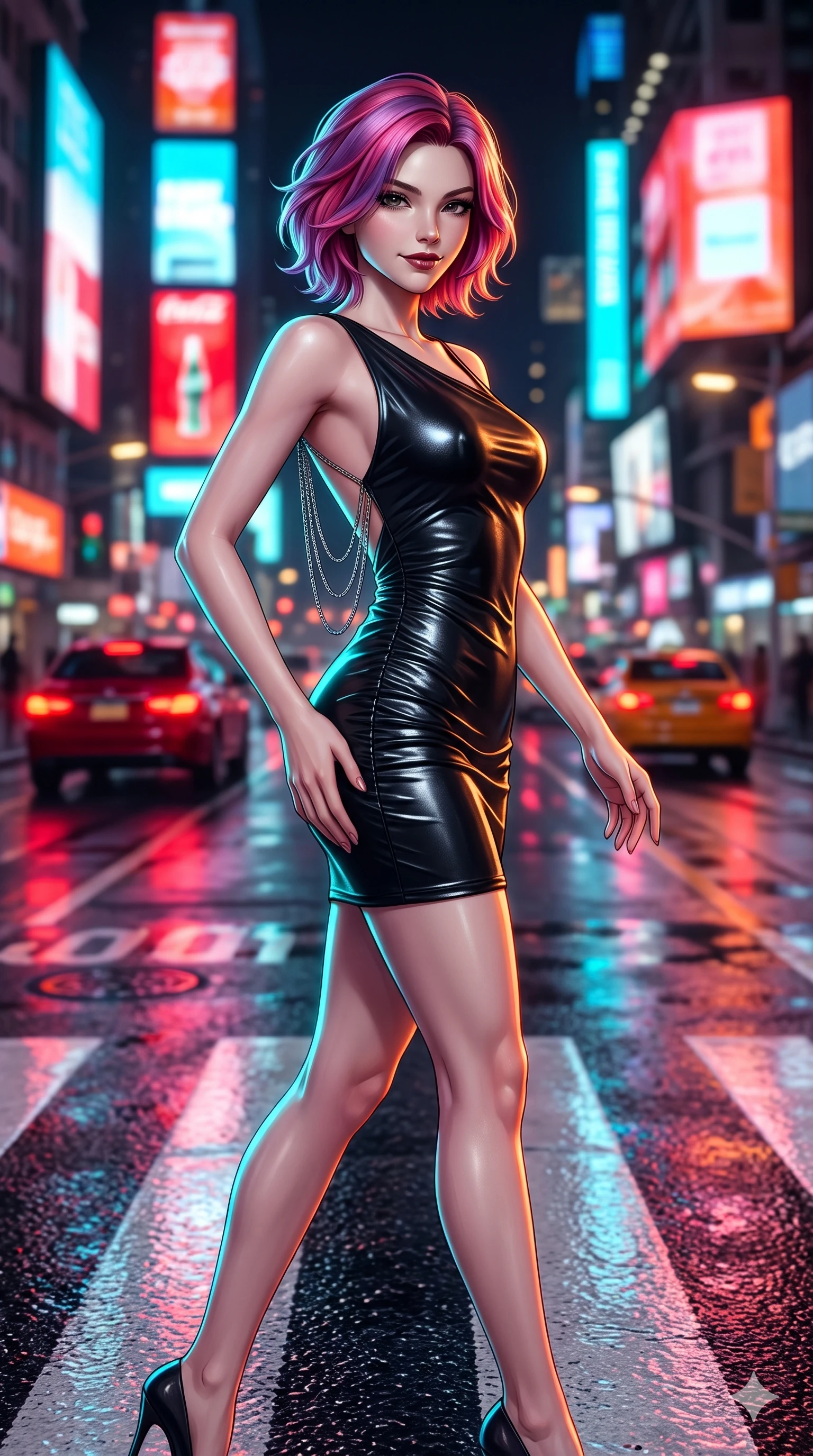 score_9, masterpiece, best quality, ultra-detailed, high-budget anime keyframe, semi-realistic 3D game render, editorial fashion photography, tasteful artistic composition, Caucasian woman. close-up cowboy shot from the waist and thighs up, the character dominates the composition, filling the frame with her large presence. tilting her head with a teasing half-smile, running one hand slowly down the side of her hip in a flirtatious S-curve as ambient neon caresses her silhouette while pausing mid-stride on the wet white zebra crossing as traffic reflections shimmer beneath her stiletto heels, arching her back with sovereign grace. The background shows a soft-focus towering neon LED video screens, streaking red car taillights, and wet pedestrian crosswalk blurred into scarlet, cyan, and amber bokeh. She has an exceptionally elegant, slender, and willowy female figure with an ultra-slim waist, flat toned midriff, narrow ribcage, and sculpted feminine hips creating an alluring, slim hourglass silhouette without bulk. sharp v-shaped jawline, high-bridge nose, intricate jewel-like dark sparkling eyes with dangerous depth, thick curled eyelashes, glossy parted lips with a rich wine sheen, smoldering seductive half-smile with bedroom-eyes, exuding effortless superiority and intoxicating dark allure, flawlessly proportioned anatomical accuracy, strict slender model proportions, natural body alignment, perfectly sculpted long slender limbs, ultra-slim waistline, clean dynamic posture without body distortion. wearing a liquid-look vinyl mini dress with an asymmetric neckline and hip-defining side ruching in pure obsidian monochrome with subtle metallic sheen, tailored from smooth liquid silk satin that clings smoothly to her narrow waist and rounded hips with a dewy sheen, accented with an open-back drape framed by falling strands of delicate chrome chains, the liquid-tight tailored fabric clinging flawlessly to her narrow waist and rounded feminine hips, emphasizing every millimeter of her sculpted slim hourglass curves without any bulky heaviness. illuminated by mirror-wet road surface bounce and sharp electric-cyan rim lights defining her razor-sharp jawline, narrow waist, and curvy hips. highly saturated vibrant anime colors, detailed shading with soft gradients, rich glossy textures, high-contrast stereoscopic depth, volumetric dynamic lighting, master piece, 9:16 ratio