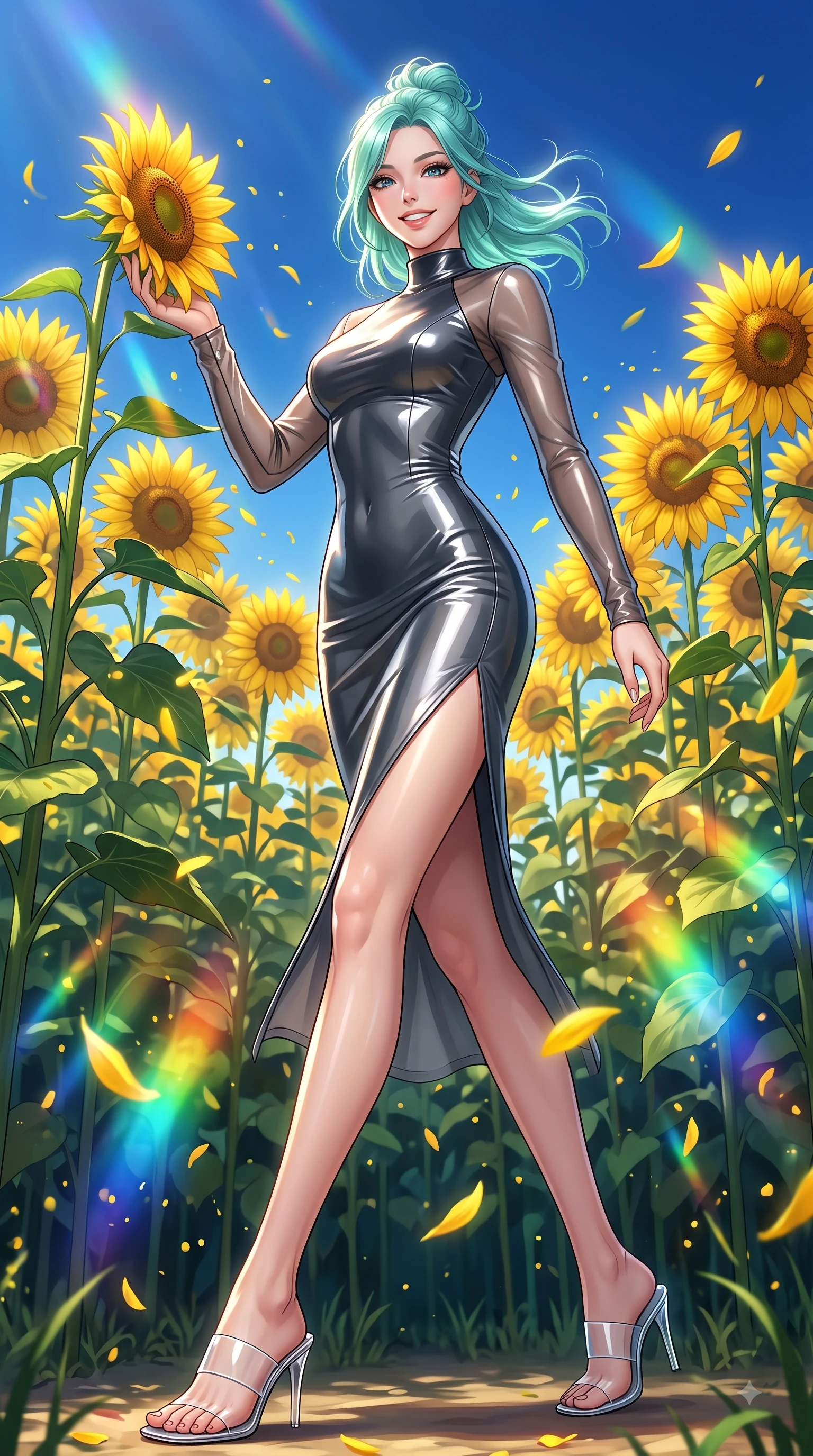 score_9, masterpiece, best quality, ultra-detailed, high-budget anime keyframe, editorial fashion photography, tasteful artistic composition, Japanese woman. low angle full-body shot from head to toe showing her feet, filling the entire 9:16 vertical frame with her statuesque presence, stretching her vertical silhouette. stepping forward in a proud dynamic stride with a cheerful beaming smile, her vertical silhouette filling the frame while reaching out to touch a towering sunflower stalk while beaming happily into the camera lens, floating flower pollen and yellow petals drifting gracefully in dynamic orbital paths. She has an absolutely perfect, statuesque 8.5-heads proportion, an exceptionally tall and slender model-like female figure with impossibly long slender legs and an ultra-slim waist. sharp v-shaped jawline, high-bridge nose, intricate jewel-like eyes with depth, thick eyelashes, glossy lips with a natural sheen, flawlessly proportioned anatomical accuracy, natural body alignment, perfectly sculpted elegant limbs, clean dynamic posture without body distortion. wearing a sleek bodycon knit dress with strategic sheer organza sleeve panels in charcoal grey and platinum, tailored from high-gloss patent leather, finished with a sleek side slit ascending to mid-thigh, the form-contouring material highlighting her ultra-slim waist and long lines. illuminated by dazzling rainbow refractions and bright, cheerful ambient sky glow. ultra-reflective glossy finish, specular highlights, metallic sheen, high-contrast stereoscopic depth, volumetric dynamic lighting, 2k, ultra detail, master piece, 9:16 ratio