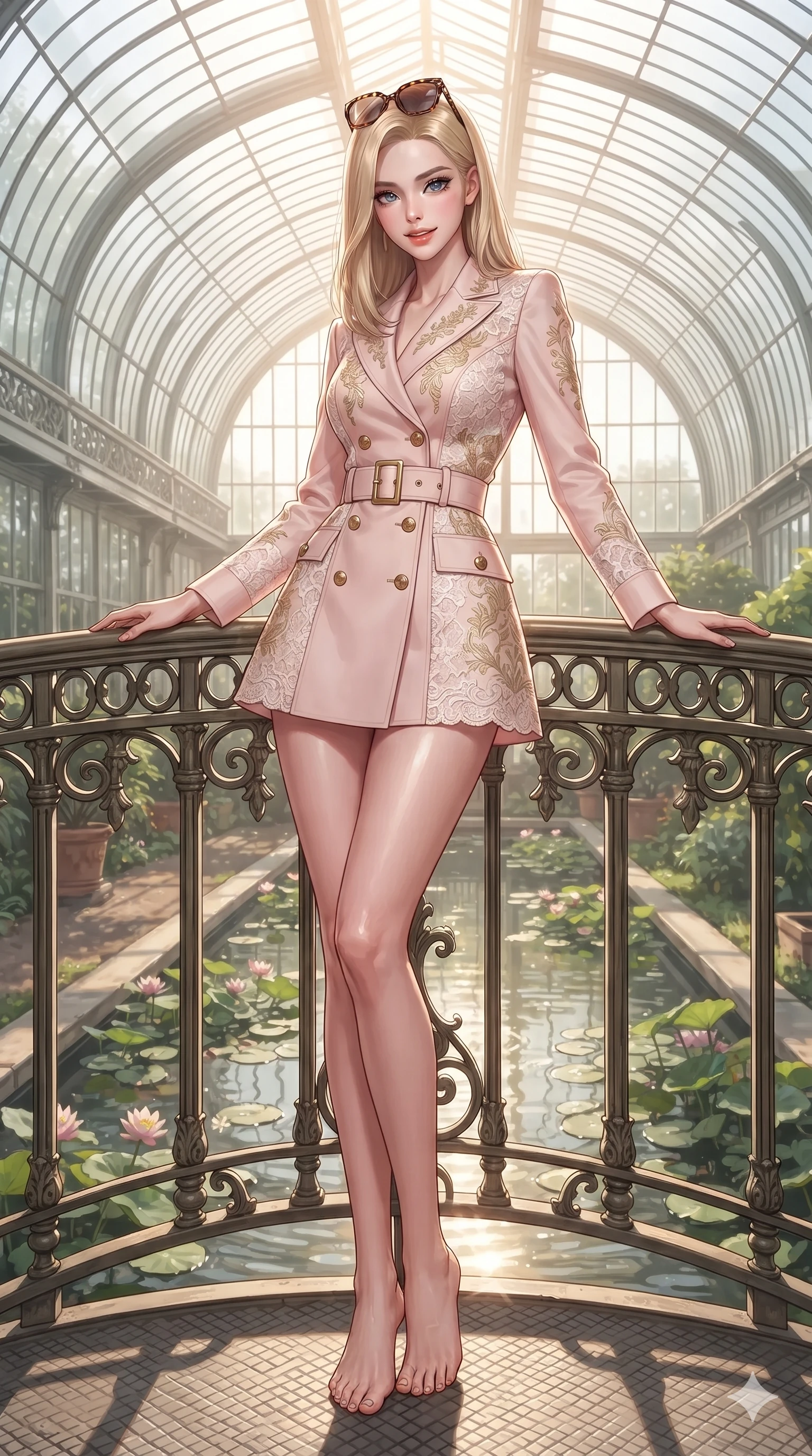 score_9, masterpiece, best quality, ultra-detailed, high-budget anime keyframe, editorial fashion photography, tasteful artistic composition, Korean woman. low angle full-body shot from head to toe showing her feet, filling the entire 9:16 vertical frame with her statuesque presence, stretching her vertical silhouette. leaning deep against the balcony balustrade with hips cocked back in an unapologetically alluring high-fashion stance, casting an intoxicating glance while standing poised on the high arch of the cast-iron footbridge above the lotus canal, arching her spine with sovereign supermodel grace. The surrounding environment is rendered in vivid detail and crisp panoramic clarity: detailed gold sequin wrap skirt cling, plunging halter sports top, and imperial greenhouse craft in razor-sharp precision. She has an absolutely perfect, statuesque 8.5-heads proportion, an exceptionally tall and slender model-like female figure with impossibly long slender legs, an ultra-slim waist, a flat toned midriff, narrow delicate ribcage, and beautifully sculpted feminine hips creating a graceful, slim hourglass silhouette without any bulky heaviness. sharp v-shaped jawline, high-bridge nose, sparkling eyes with hypnotic seductive depth, thick curled eyelashes, glossy parted lips with a natural dewy peach sheen, alluring bedroom-eyes with an enchanting coquettish smile, exuding magnetic siren charisma and sophisticated glamour, flawlessly proportioned anatomical accuracy, strict slender model proportions, natural body alignment, perfectly sculpted long slender limbs, ultra-slim waistline, clean dynamic posture without body distortion. wearing a tailored double-breasted botanist safari jacket dress with brass buttons and structured waist belt in delicate blush peony pink and antique white lace with gold leaf, tailored from crisp high-density botanical cotton poplin with pristine structural hold, complemented by oversized designer tortoiseshell sunglasses resting atop her head, the bespoke structured tailoring following the natural line of her 8.5-heads silhouette with refined elegance. bathed in glorious, crystal-clear morning sun pouring through curved glass roofs onto reflecting canals. ultra-reflective glossy finish, specular highlights, rich textural contrasts, high-contrast stereoscopic depth, volumetric dynamic lighting, 2k, ultra detail, master piece, 9:16 ratio