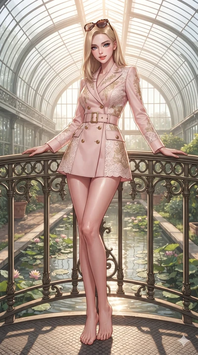 Korean woman. leaning deep against the balcony balustrade with hips cocked back in an unapologetically alluring high-fashion stance, casting an intoxicating glance while standing poised on the high arch of the cast-iron footbridge above the lotus canal, arching her spine with sovereign supermodel grace. The surrounding environment is rendered in...