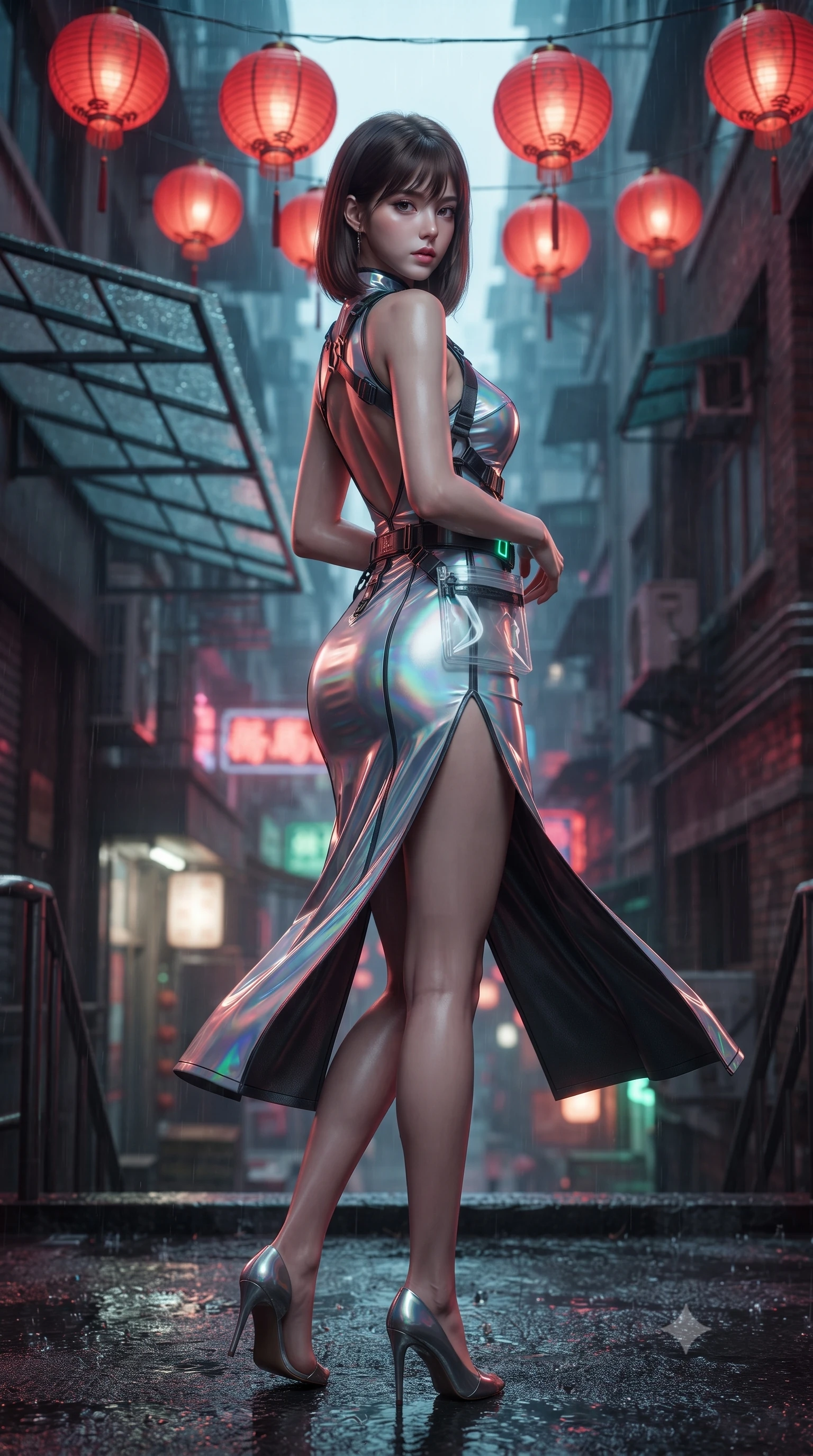 score_9, masterpiece, best quality, ultra-detailed, high-budget anime keyframe, editorial fashion photography, tasteful artistic composition, Korean woman. low angle full-body shot from head to toe showing her feet, filling the entire 9:16 vertical frame with her statuesque presence, stretching her vertical silhouette. executing an elegant mid-motion pivot turn as garments swirl around her slender limbs, glancing over her shoulder with an intoxicating bedroom-gaze while standing poised beneath hanging crimson paper lanterns, twisting her slender torso in an alluring S-curve while looking down at the neon-lit alley below. The composition keeps background elements in soft focus with creamy bokeh. rain-streaked glass awnings and weathered brick penthouse facades softened in moody cinematic focus. She has an absolutely perfect, statuesque 8.5-heads proportion, an exceptionally tall and slender model-like female figure with impossibly long slender legs, a toned flat midriff, an ultra-slim waist, and beautifully sculpted feminine hips. sharp v-shaped jawline, high-bridge nose, intricate jewel-like eyes with depth, thick eyelashes, glossy parted lips with a natural sheen, intensely captivating and seductive bedroom-eyes expression, flawlessly proportioned anatomical accuracy, strict slender model proportions, natural body alignment, perfectly sculpted long slender limbs, ultra-slim waistline, clean dynamic posture without body distortion. wearing a plunging sweetheart neckline cheongsam dress with an open scooped back and high side slit in holographic silver prism and deep graphite, crafted from flexible reflective spandex and tactical webbing, finished with a neon LED belt buckle and translucent vinyl tool pouch, the glove-like aerodynamic silhouette tightly following the natural contour of her hips and long slender legs with statuesque precision. illuminated by wet specular asphalt bounce lights sharply sculpting her narrow waist and rounded hips. ultra-reflective glossy finish, specular highlights, rich textural contrasts, high-contrast stereoscopic depth, volumetric dynamic lighting, 2k, ultra detail, master piece, 9:16 ratio