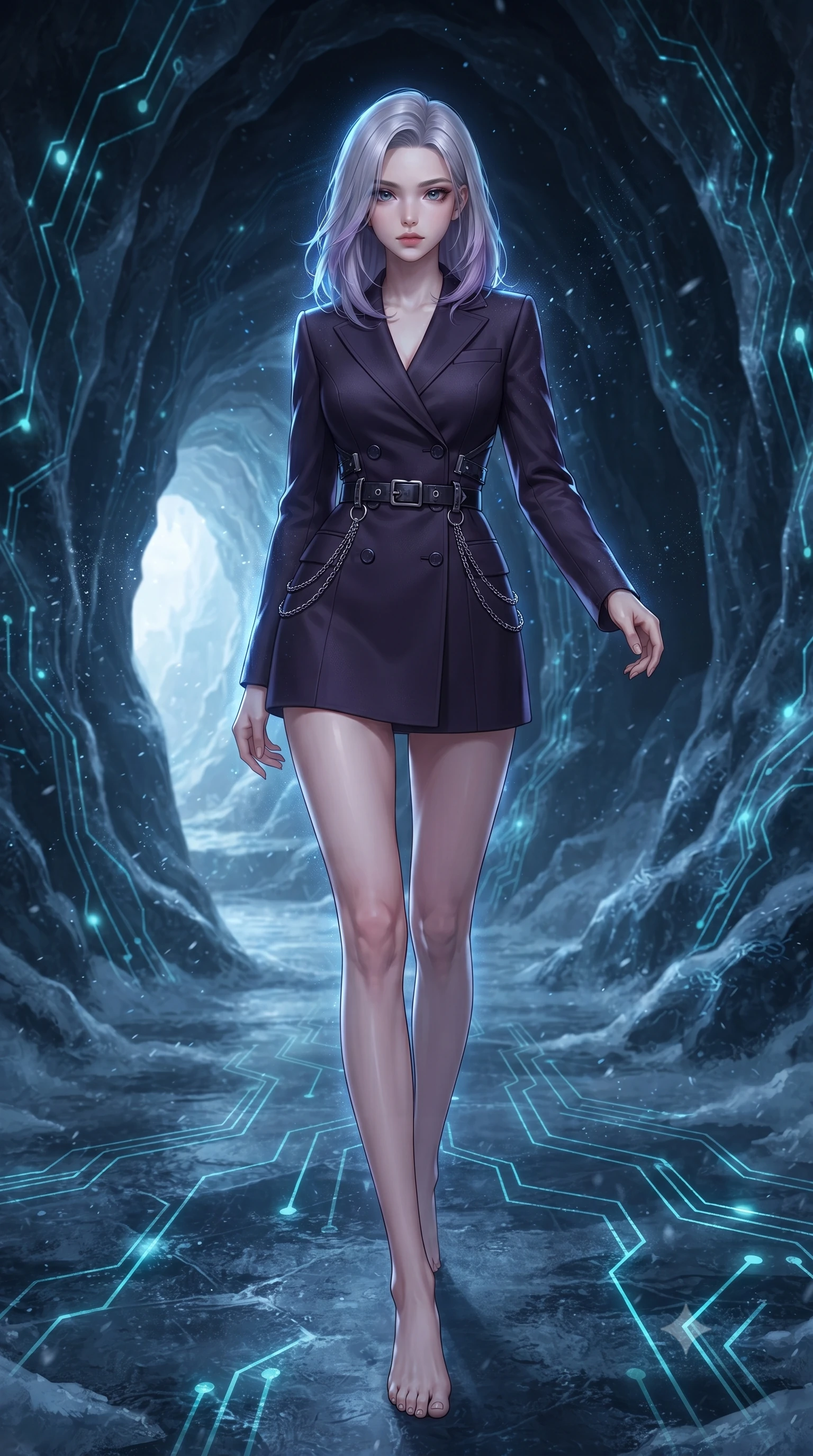 score_9, masterpiece, best quality, ultra-detailed, high-budget anime keyframe, editorial fashion photography, tasteful artistic composition, Caucasian woman. low angle full-body shot from head to toe showing her feet, filling the entire 9:16 vertical frame with her statuesque presence, stretching her vertical silhouette. stepping gracefully through the dark environment, stretching her statuesque silhouette, navigating a frozen dark ice cavern with glowing cyan circuit lines, fine frost particles scattering electric blue rim light into the dark air. She has an absolutely perfect, statuesque 8.5-heads proportion, an exceptionally tall and slender model-like female figure with impossibly long slender legs and an ultra-slim waist. sharp v-shaped jawline, high-bridge nose, intricate jewel-like eyes with depth, thick eyelashes, glossy lips with a natural sheen. wearing tailored double-breasted obsidian blazer dress in dark plum violet, made of matte carbon-fiber weave, framed by dark titanium buckles and silver chain details, accentuating her gracefully sculpted slender torso. bathed in cold silver moonlight and deep cobalt shadow reflections. highly saturated vibrant anime colors, detailed shading with soft gradients, rich glossy textures, high-contrast stereoscopic depth, volumetric dynamic lighting, master piece, 9:16 ratio