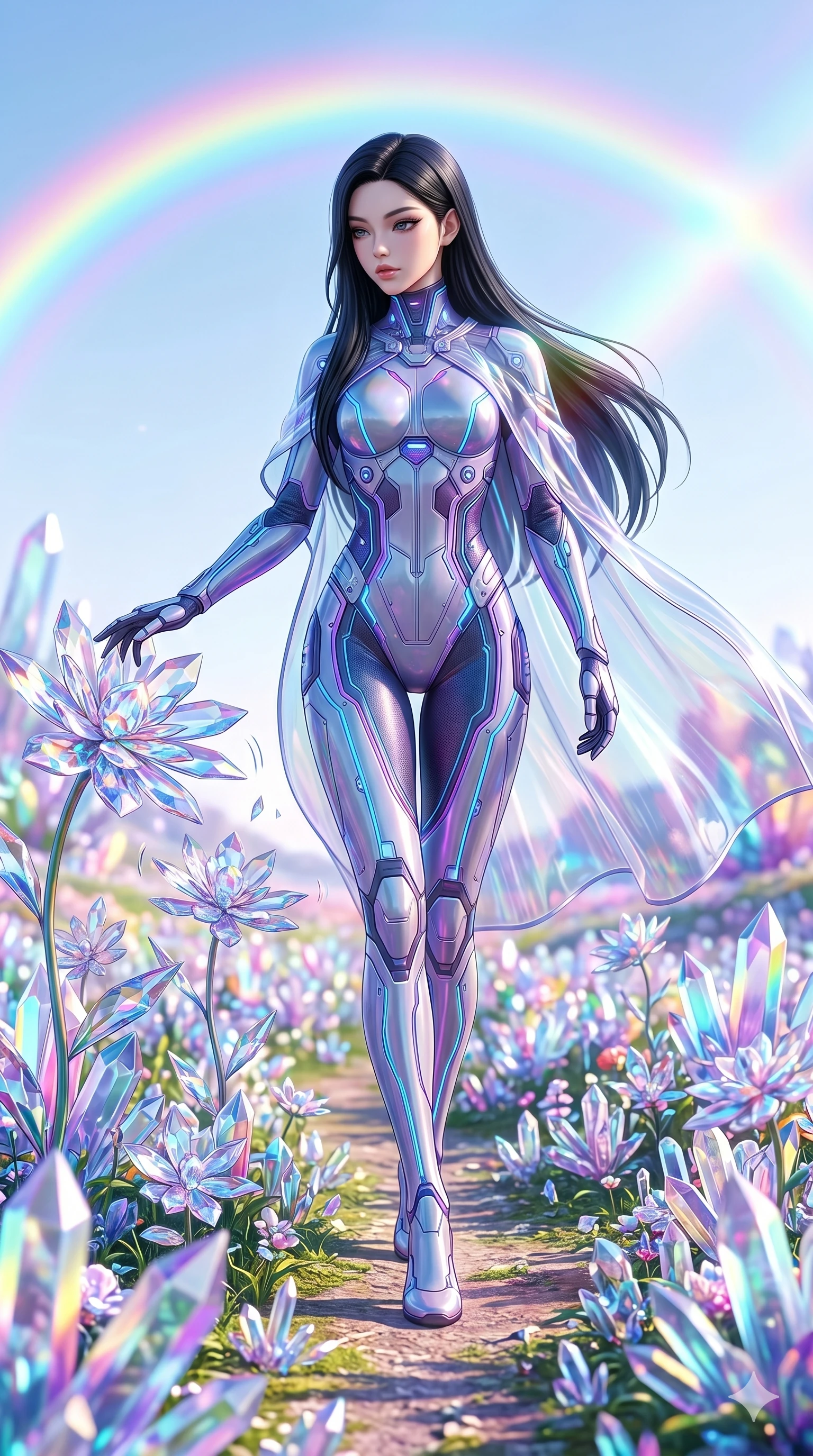 score_9, masterpiece, best quality, ultra-detailed, Set A: Photorealistic 8k CG, Japanese woman. Low angle cowboy shot filling the entire 9:16 frame with her statuesque presence. Walking through a field of crystal flowers that chime as she touches them under a rainbow sky. She has an absolutely perfect 8-heads proportion, an exceptionally tall and slender female figure with elegant long slender legs and an slender waist. Sharp v-shaped jawline, high-bridge nose, intricate jewel-like eyes with depth, thick eyelashes, glossy lips. Wearing a Tech-Fantasy outfit: cybernetic tech-suit with glowing seams and a translucent PVC cape. Background is a bright and colorful ethereal fantasy meadow with prismatic crystal flora and vibrant lighting. 2k, ultra detail, master piece, 9:16 ratio