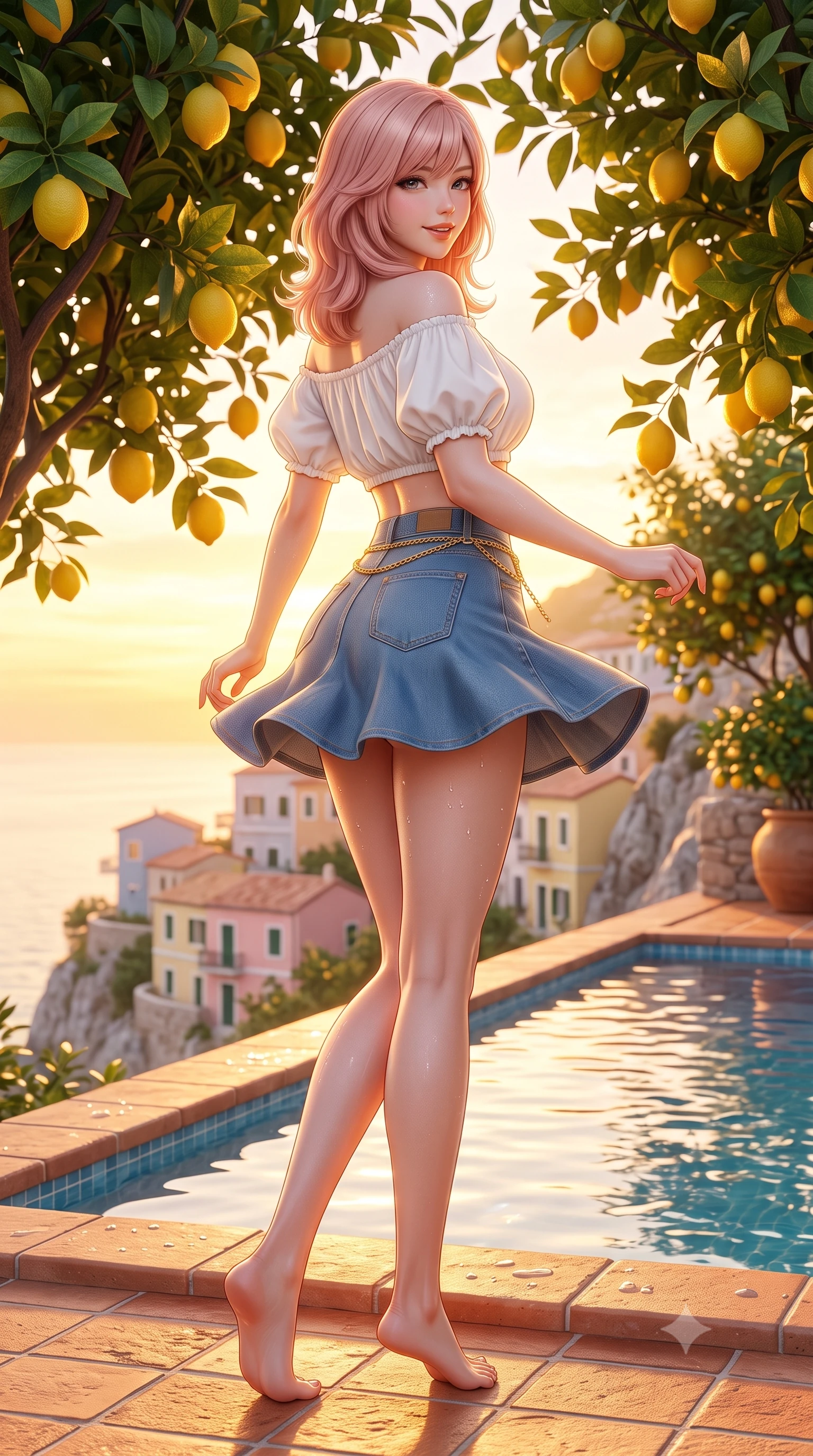 score_9, masterpiece, best quality, ultra-detailed, high-budget anime keyframe, semi-realistic 3D game render, editorial fashion photography, tasteful artistic composition, Japanese woman. low angle full-body shot from head to toe showing her feet, filling the entire 9:16 vertical frame with her statuesque presence, stretching her vertical silhouette. executing a cheerful mid-motion pivot turn as her skirt flutters around her slender legs, glancing over her shoulder with an intoxicating, teasing cute expression while sitting on the edge of a cliffside mineral plunge pool shaded by fragrant lemon trees, arching her back with a radiant cute smile and wet hips. The surrounding environment is rendered in vivid detail and crisp panoramic clarity. sharp pool water surface tension, terracotta tile textures, and lemon rind details in deep focus. She has an exceptionally tall and slender model-like 8.5-heads proportion, an ultra-slim waist, a flat toned midriff, narrow delicate ribcage, and beautifully sculpted feminine hips creating a graceful, slim hourglass silhouette without any bulky heaviness, with impossibly long slender legs. sharp v-shaped jawline, high-bridge nose, intricate jewel-like sparkling eyes with depth, thick eyelashes, glossy parted lips with a natural peach sheen, bright cheerful beaming smile with an enchanting and coquettish sensual glint, exuding both youthful cute charm and seductive allure, flawlessly proportioned anatomical accuracy, strict slender model proportions, natural body alignment, perfectly sculpted long slender limbs, ultra-slim waistline, clean dynamic posture without body distortion. wearing an off-shoulder puff-sleeve crop blouse with a tight high-waisted denim A-line mini skirt emphasizing her curvy hips in pure alabaster white and sun-kissed gold, tailored from crisp cotton poplin with clean structural lines, accented with a delicate gold chain belt resting loosely on her curvy hips, the high-waisted tailoring accentuating her ultra-slim waistline and the enchanting curve of her feminine hips with alluring charm. bathed in glorious golden hour Mediterranean sunset backlighting reflecting off pastel cliffside houses. highly saturated vibrant anime colors, detailed shading with soft gradients, rich glossy textures, high-contrast stereoscopic depth, volumetric dynamic lighting, master piece, 9:16 ratio