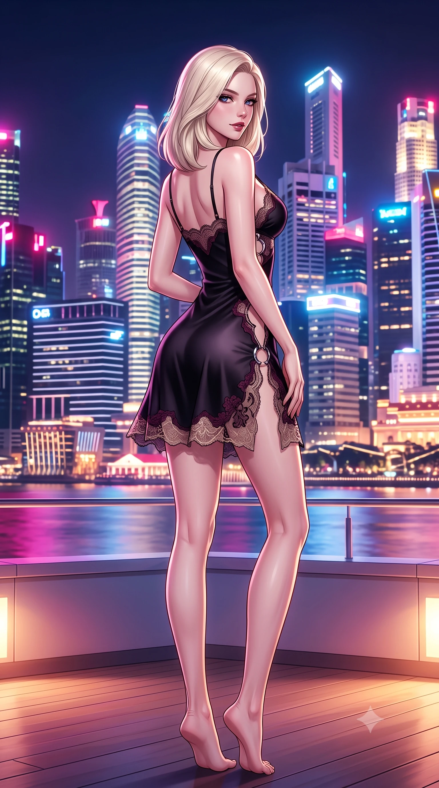score_9, masterpiece, best quality, ultra-detailed, high-budget anime keyframe, semi-realistic 3D game render, editorial fashion photography, tasteful artistic composition, Caucasian woman. low angle full-body shot from head to toe showing her feet, filling the entire 9:16 vertical frame with her statuesque presence, stretching her vertical silhouette. posing with back turned slightly to the lens, glancing back with an intoxicating, dangerous smile as she arches her lower back to emphasize her sculpted feminine hips and slender waist while twisting her slender torso in an alluring contrapposto stance, midnight tropical breezes sculpting her fluid gown against her waist and curvy hips. The surrounding environment is rendered in vivid detail and crisp panoramic clarity. detailed gown texture, glowing skin highlights, and Marina Bay architectural precision in high resolution. She has an exceptionally tall and slender model-like 8.5-heads proportion, an ultra-slim waist, a flat toned midriff, narrow delicate ribcage, and beautifully sculpted feminine hips creating a graceful, slim hourglass silhouette without any bulky heaviness, with impossibly long slender legs. sharp v-shaped jawline, high-bridge nose, intricate jewel-like dark sparkling eyes with dangerous depth, thick curled eyelashes, glossy parted lips with a rich wine sheen, smoldering seductive half-smile with bedroom-eyes, exuding effortless superiority and intoxicating dark allure, flawlessly proportioned anatomical accuracy, strict slender model proportions, natural body alignment, perfectly sculpted long slender limbs, ultra-slim waistline, clean dynamic posture without body distortion. wearing a strappy black silk slip dress with delicate lace scallop edging along the neckline and hem in dark mulberry wine and antique champagne, crafted from sheer delicate Chantilly lace with intricate gothic floral motifs, accented with sculptural chrome hardware rings framing the subtle cutouts, the form-contouring cut accentuating her sculpted flat midriff, narrow delicate ribcage, and gracefully curvy hips with sovereign high-fashion precision. bathed in vibrant metropolitan skyline neon reflections and soft warm deck ambient wash. highly saturated vibrant anime colors, detailed shading with soft gradients, rich glossy textures, high-contrast stereoscopic depth, volumetric dynamic lighting, master piece, 9:16 ratio