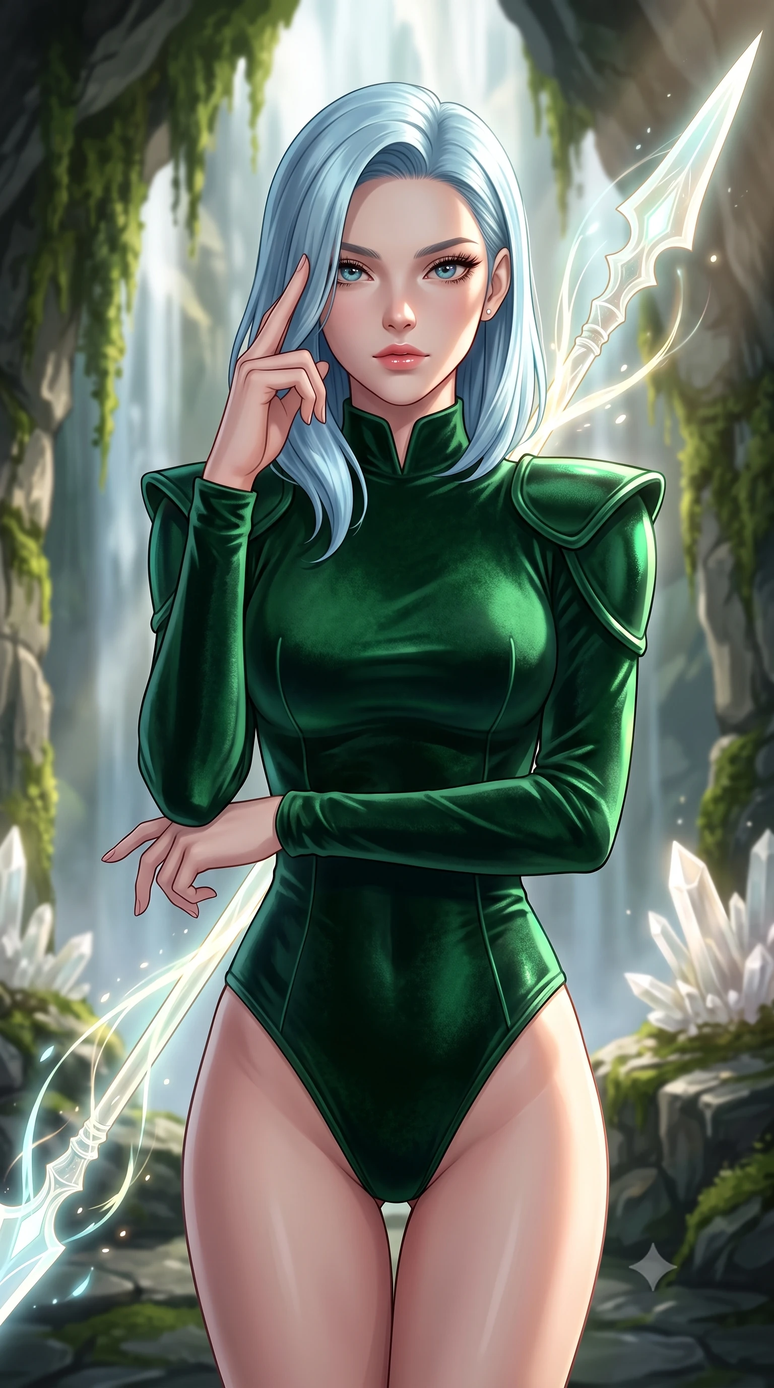 score_9, masterpiece, best quality, ultra-detailed, high-budget anime keyframe, editorial fashion photography, tasteful artistic composition, Korean woman. close-up cowboy shot from the waist and thighs up, the character dominates the composition, filling the frame with her large presence, background elements kept in soft focus. pressing two fingers to her temple while holding a light-spear diagonally behind her in a composed thoughtful gesture, the background shows a soft-focus a waterfall cavern corridor with green moss and white quartz formations. She has an exceptionally elegant, slender, and willowy female figure with an ultra-slim waist, a gracefully sculpted slender torso, and a refined silhouette. sharp v-shaped jawline, high-bridge nose, intricate jewel-like eyes with depth, thick eyelashes, glossy lips with a natural sheen. wearing a tailored form-contouring deep emerald green velvet bodysuit with a high mock-neck collar and structured shoulder guards. crisp morning sunlight filtering through a cave opening, casting elegant shadows. highly saturated vibrant anime colors, detailed shading with soft gradients, rich glossy textures, high-contrast stereoscopic depth, volumetric dynamic lighting, master piece, 9:16 ratio
