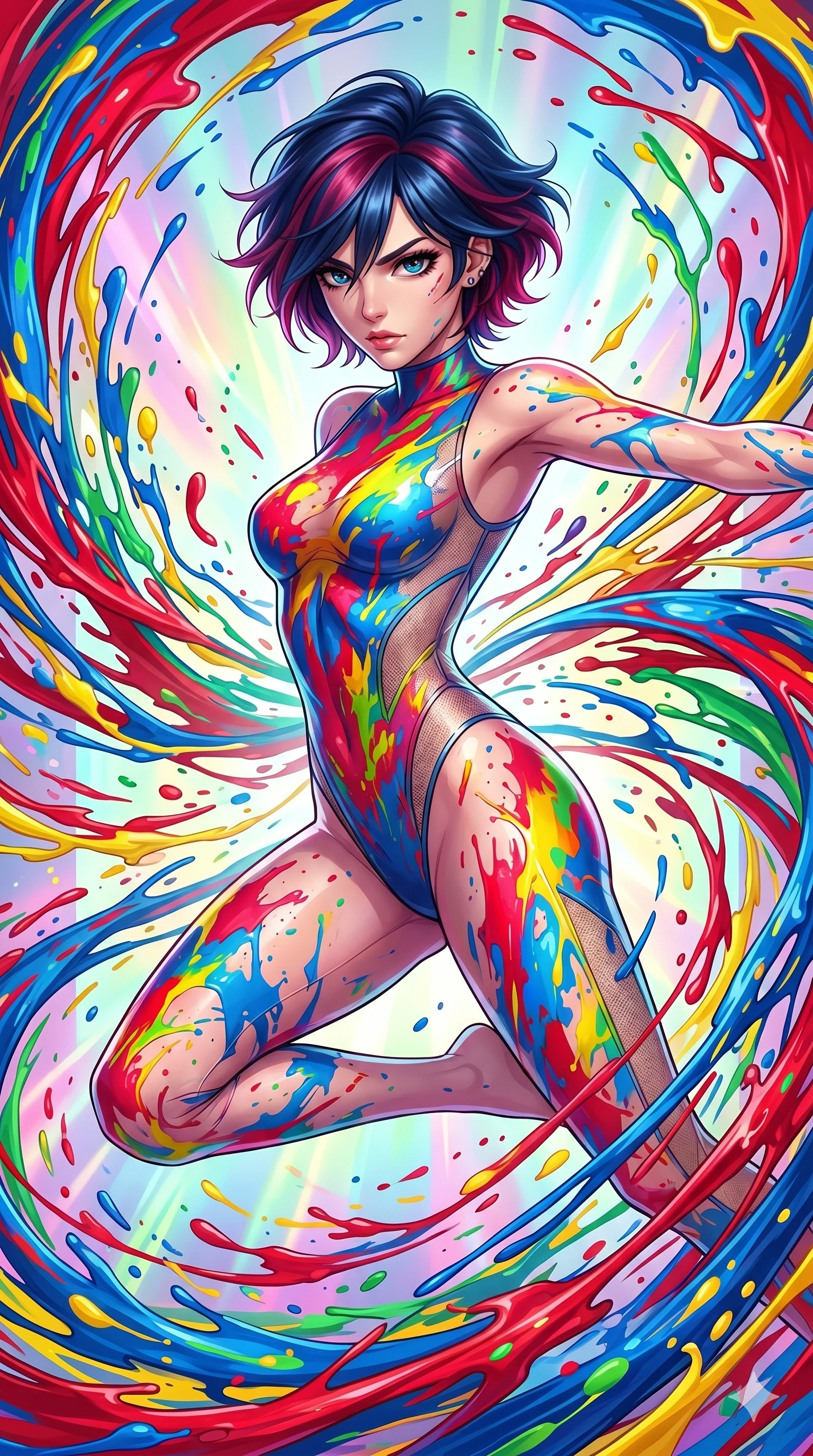 score_9, masterpiece, best quality, ultra-detailed, high-budget anime keyframe, Caucasian woman, strictly human ears. upper body close-up from the thighs up, character filling the screen for maximum presence. leaping into a vorticist paint splatter dimension where thousands of vivid acrylic paint ribbons and splatters swirl around her in a white gallery void. She has an absolutely perfect 8-heads proportion, an exceptionally tall and slender female figure with impossibly long slender legs and an ultra-slim waist. V-shaped jawline, high-bridge nose, intricate jewel-like eyes with depth, thick eyelashes, glossy lips with a natural sheen.. wearing a liquid acrylic splash bodysuit, featuring a skin-tight bodysuit that looks like vivid fluorescent acrylic paint splattered and dried, with sheer mesh side panels. enhanced by a luminous pastel spectrum glow, casting elegant rim lights on her shoulders and jawline. 2k, ultra detail, master piece, 9:16 ratio