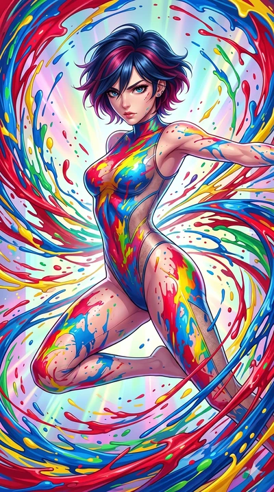score_9, masterpiece, best quality, ultra-detailed, high-budget anime keyframe, Caucasian woman, strictly human ears. upper body close-up from the thighs up, character filling the screen for maximum presence. leaping into a vorticist paint splatter d