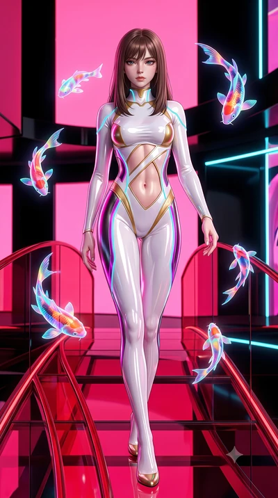 score_9, masterpiece, best quality, ultra-detailed, high-budget anime keyframe, semi-realistic 3D game render, editorial fashion photography, tasteful artistic composition, Korean woman. low angle full-body shot from head to toe showing her feet, fil