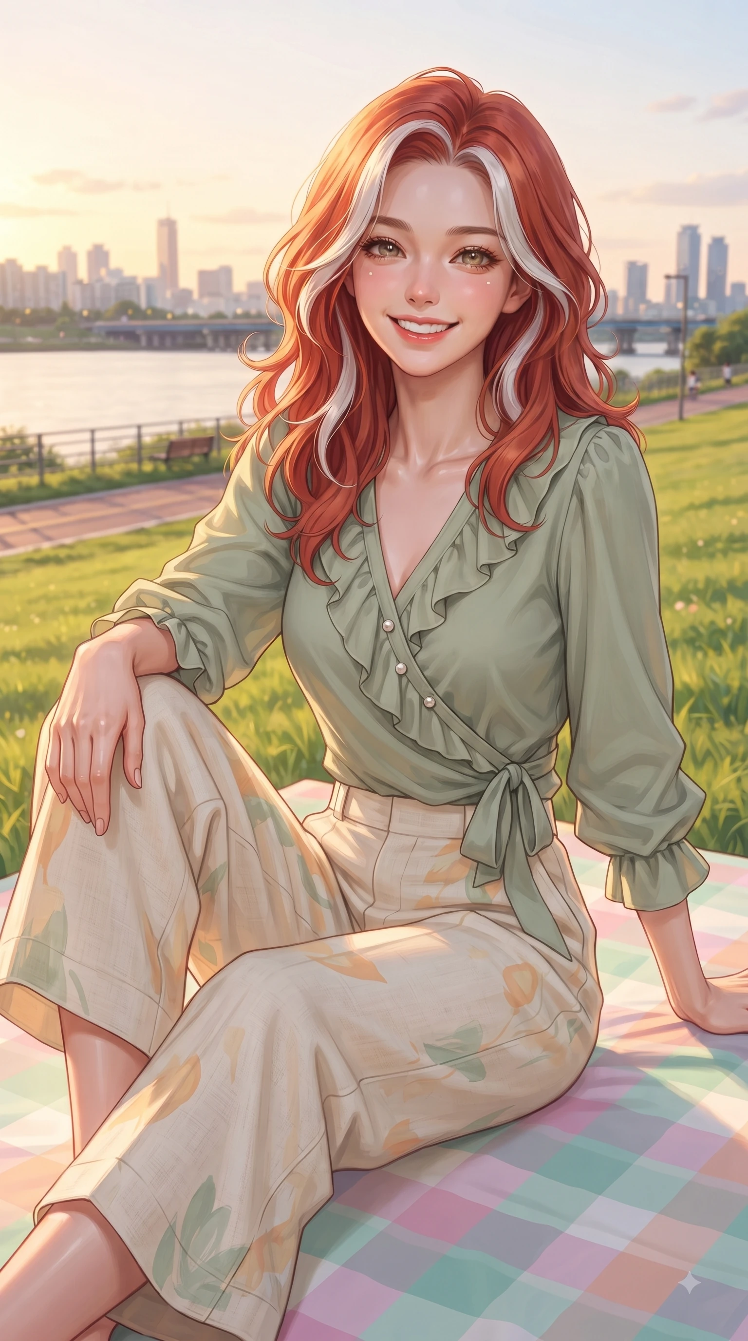 score_9, masterpiece, best quality, ultra-detailed, high-budget anime keyframe, editorial fashion photography, tasteful artistic composition, Caucasian woman. close-up cowboy shot from the waist and thighs up, the character dominates the composition, filling the frame with her large presence. Cheerful beaming smile with sparkling eyes and a fresh girlhood aura, leaning forward with playful grace while sitting gracefully on a pastel checkered picnic mat on a green riverfront lawn during golden hour. The surrounding environment is rendered in vivid detail and crisp panoramic clarity. scenic riverside walking paths and twinkling city skyline outlines in rich clarity. She has an exceptionally elegant, slender, and willowy female figure with an ultra-slim waist, a gracefully sculpted slender torso, and a refined silhouette. sharp v-shaped jawline, high-bridge nose, intricate jewel-like eyes with depth, thick eyelashes, glossy lips with a natural sheen, flawlessly proportioned anatomical accuracy, natural body alignment, perfectly sculpted elegant limbs, clean dynamic posture without body distortion. wearing an elegant sage green wrap blouse with wide-leg cream linen trousers in warm apricot and sage green, tailored from crisp cotton poplin, finished with subtle ruffle trims and delicate pearl buttons, the relaxed yet flattering fit accentuating her naturally graceful and slender figure. illuminated by soft glowing sunset reflections with cheerful golden rim lights. ultra-reflective glossy finish, specular highlights, metallic sheen, high-contrast stereoscopic depth, volumetric dynamic lighting, 2k, ultra detail, master piece, 9:16 ratio
