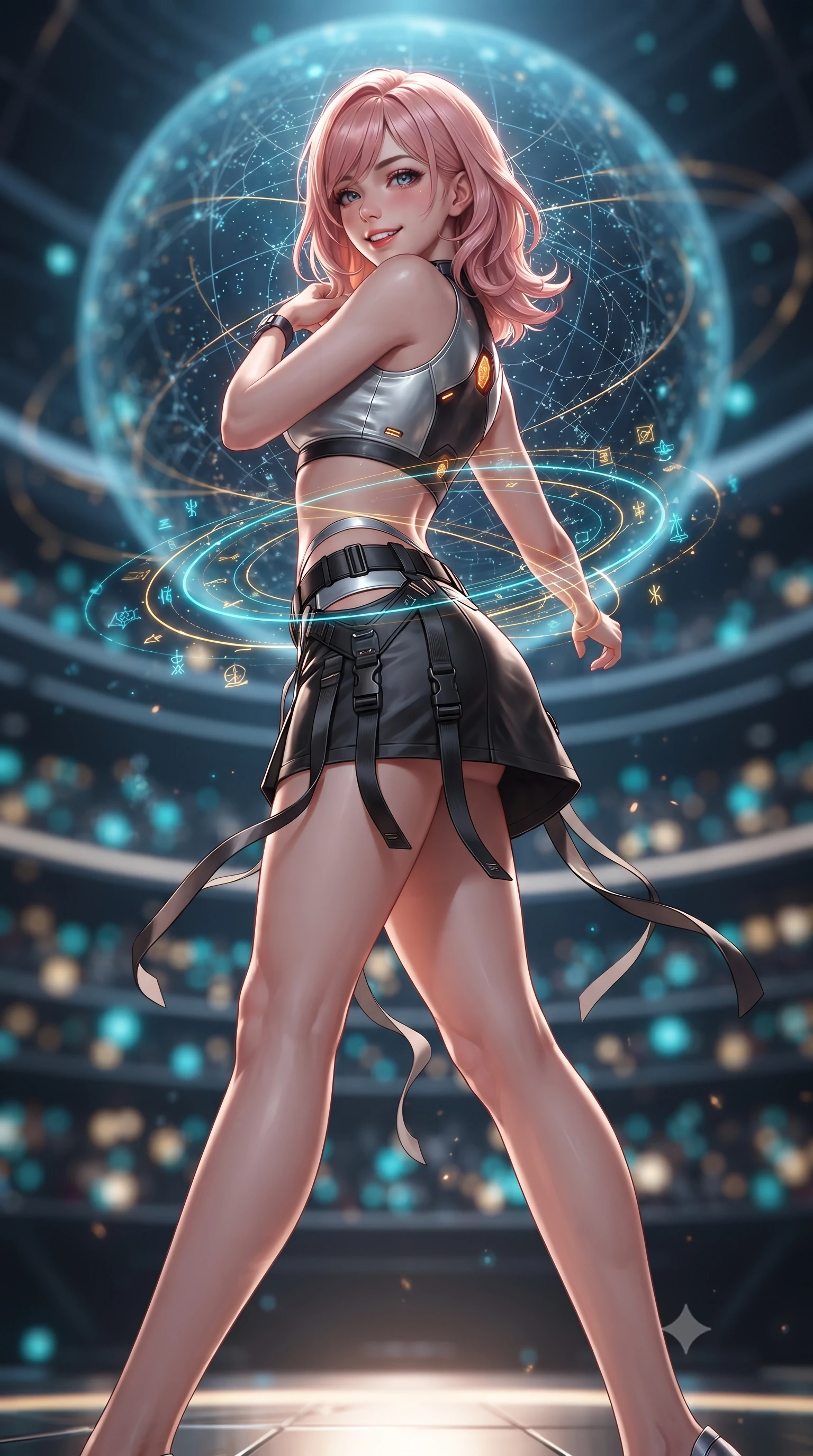 score_9, masterpiece, best quality, ultra-detailed, high-budget anime keyframe, editorial fashion photography, tasteful artistic composition, Japanese woman. low angle full-body shot from head to toe showing her feet, filling the entire 9:16 vertical frame with her statuesque presence, stretching her vertical silhouette. executing a cheerful mid-motion pivot turn as her tactical belt and ribbons flutter around her slender legs, glancing over her shoulder with an intoxicating, teasing bedroom-gaze while twisting her slender torso in an alluring contrapposto stance, complex planetary data streams wrapping around her narrow waist and hips. The background shows a soft-focus the colossal 30-meter floating holographic globe and concentric council seating tiers blurred into cyan, gold, and obsidian bokeh. She has an absolutely perfect, statuesque 8.5-heads proportion, an exceptionally tall and slender model-like female figure with impossibly long slender legs, an ultra-slim waist, a flat toned midriff, narrow delicate ribcage, and beautifully sculpted feminine hips creating a graceful, slim hourglass silhouette without any bulky heaviness. sharp v-shaped jawline, high-bridge nose, intricate jewel-like sparkling eyes with depth, thick eyelashes, glossy parted lips with a natural sheen, bright confident smile with an enchanting and coquettish sensual glint, exuding both youthful magnetic charm and sovereign high-tech allure, flawlessly proportioned anatomical accuracy, strict slender model proportions, natural body alignment, perfectly sculpted long slender limbs, ultra-slim waistline, clean dynamic posture without body distortion. wearing a body-hugging modern carbon-alloy crop top paired with a low-rise tactical skirt and a subtle waist cut-out in liquid chrome silver and pitch black, made of supple second-skin compression stretch jersey clinging flawlessly to her form, accented with subtle hexagonal heat-sink vents glowing with dim orange thermal heat, the aerodynamic second-skin silhouette tightly following the natural contour of her hips and long slender legs with youthful 8.5-heads elegance. illuminated by under-floor uplighting and sharp champagne rim lighting sculpting her razor-sharp jawline, narrow waist, and curvy hips. ultra-reflective glossy finish, specular highlights, rich textural contrasts, high-contrast stereoscopic depth, volumetric dynamic lighting, 2k, ultra detail, master piece, 9:16 ratio
