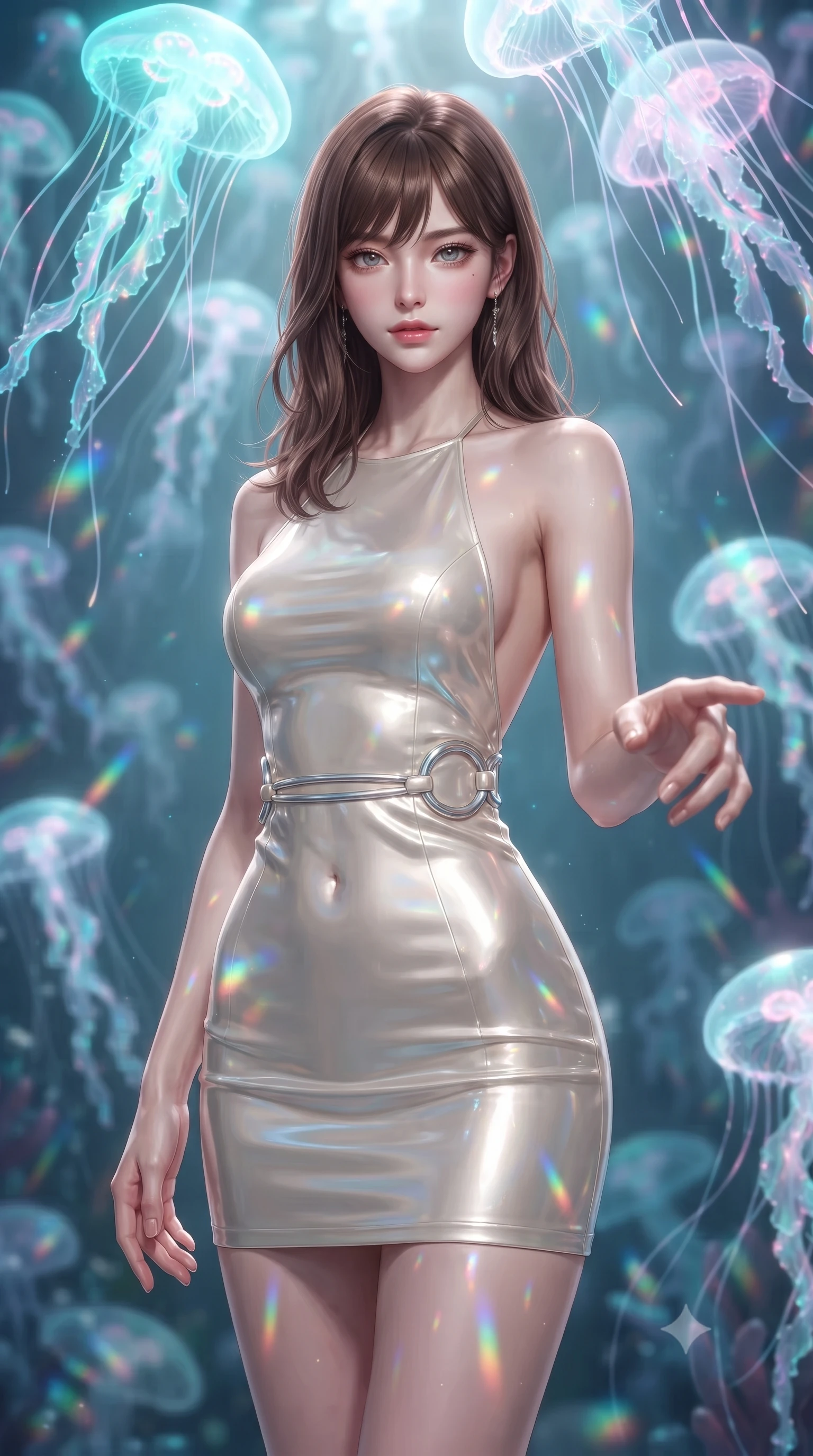 score_9, masterpiece, best quality, ultra-detailed, high-budget anime keyframe, editorial fashion photography, tasteful artistic composition, Korean woman. close-up cowboy shot from the waist and thighs up, the character dominates the composition, filling the frame with her large presence, background elements kept in soft focus. Reaching one hand toward the viewer with relaxed elegance, standing beneath a canopy of floating luminous jellyfish tentacles glowing with iridescent cyan and pink, translucent jellyfish bells scattering soft rainbow prisms across her skin. She has an exceptionally elegant, slender, and willowy female figure with an ultra-slim waist, a gracefully sculpted slender torso, and a refined silhouette. sharp v-shaped jawline, high-bridge nose, intricate jewel-like eyes with depth, thick eyelashes, glossy lips with a natural sheen. wearing backless liquid vinyl mini slip dress with bare shoulder halter neckline in glowing ivory, made of sculpted platinum chrome, accented with sculpted opal chrome rings at the waist, following her slender form with tailored precision. surrounded by a glowing aura of opal starlight and soft diffused rim highlights. ultra-reflective glossy finish, specular highlights, metallic sheen, high-contrast stereoscopic depth, volumetric dynamic lighting, 2k, ultra detail, master piece, 9:16 ratio