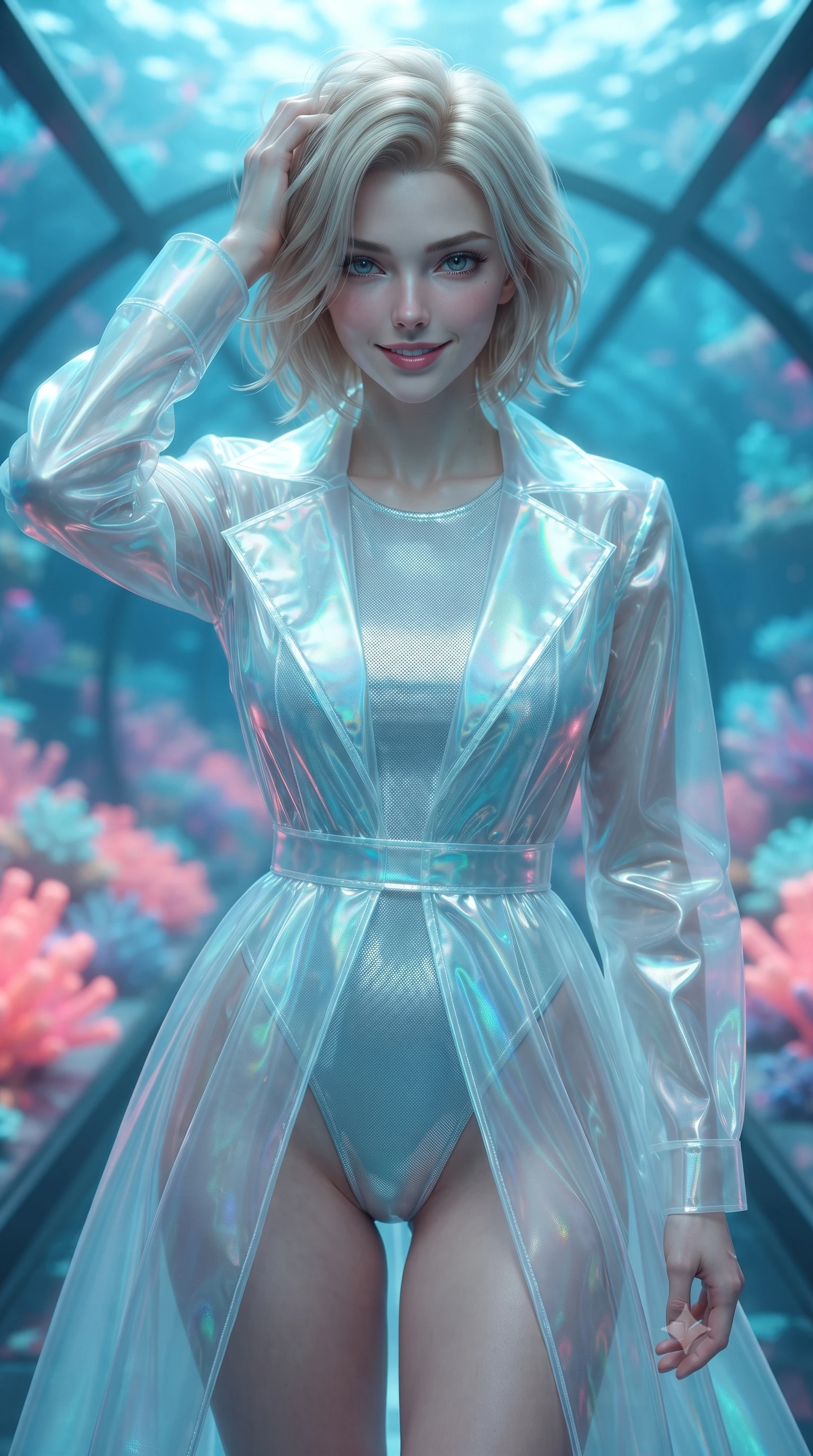 score_9, masterpiece, best quality, ultra-detailed, high-budget anime keyframe, editorial fashion photography, tasteful artistic composition, Caucasian woman. close-up cowboy shot from the waist and thighs up, the character dominates the composition, filling the frame with her large presence, background elements kept in soft focus. slowly running a hand through her hair, smiling with quiet, magnetic self-assurance directly into the camera, the background shows a soft-focus a sub-oceanic glass tunnel overlooking a sea of synthetic neon coral. She has an exceptionally elegant, slender, and willowy female figure with an ultra-slim waist, a gracefully sculpted slender torso, and a refined silhouette. sharp v-shaped jawline, high-bridge nose, intricate jewel-like eyes with depth, thick eyelashes, glossy lips with a natural sheen. wearing a tailored sheer white holographic organza combat gown worn over a high-cut carbon-fiber leotard. shifting aqua-blue starlight refracting through waves onto her profile. ultra-reflective glossy finish, specular highlights, metallic sheen, high-contrast stereoscopic depth, volumetric dynamic lighting, 2k, ultra detail, master piece, 9:16 ratio