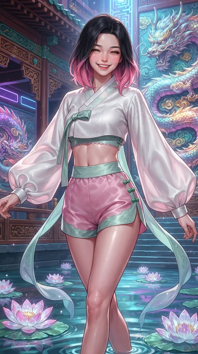 score_9, masterpiece, best quality, ultra-detailed, high-budget anime keyframe, editorial fashion photography, tasteful artistic composition, Korean woman. close-up cowboy shot from the waist and thighs up, the character dominates the composition, fi