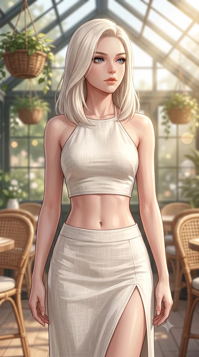 score_9, masterpiece, best quality, ultra-detailed, high-budget anime keyframe, editorial fashion photography, tasteful artistic composition, Caucasian woman woman. close-up cowboy shot from the waist and thighs up, the character dominates the compos