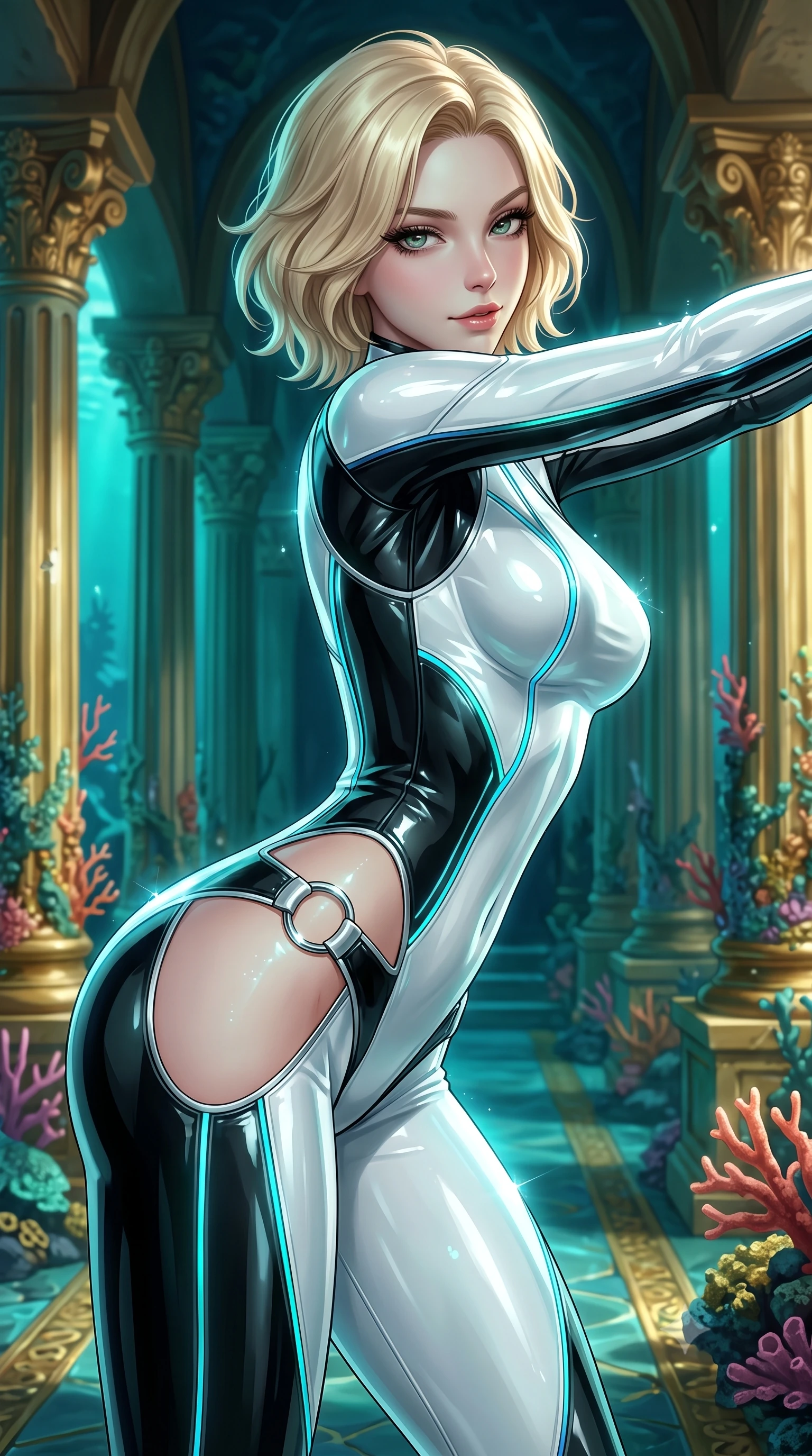 score_9, masterpiece, best quality, ultra-detailed, high-budget anime keyframe, semi-realistic 3D game render, editorial fashion photography, tasteful artistic composition, Caucasian woman. close-up cowboy shot from the waist and thighs up, the character dominates the composition, filling the frame with her large presence. stretching forward with an alluring arch of her spine, glancing over her shoulder with thick eyelashes and a smoldering half-smile while stepping along a coral-encrusted golden colonnade with an alluring, bedroom-eyed glance into the lens. The surrounding environment is rendered in vivid detail and crisp panoramic clarity. rich subterranean oceanic chiaroscuro and ancient Atlantis luxury design rendered with precision. She has an exceptionally elegant, slender, and willowy female figure with an ultra-slim waist, a gracefully sculpted slender torso, toned flat midriff, and a refined slim silhouette. sharp v-shaped jawline, high-bridge nose, intricate jewel-like eyes with depth, thick eyelashes, glossy lips with a natural sheen, flawlessly proportioned anatomical accuracy, strict slender model proportions, natural body alignment, perfectly sculpted long slender limbs, ultra-slim waistline, clean dynamic posture without body distortion. wearing a skin-tight cybernetic bodysuit with glowing neon seams, deep hip cutouts, and an aerodynamic athletic fit in high-gloss monochrome white and sharp black contrast, tailored from semi-translucent cybernetic vinyl with glowing micro-filaments, detailed with polished silver rings connecting the daring side-waist cutouts, the liquid-tight tailored fabric emphasizing every curve of her tall, slender model proportions and sculptured silhouette during dynamic movement. illuminated by soft turquoise ambient fill and sparkling specular highlights tracing her slender curves. highly saturated vibrant anime colors, detailed shading with soft gradients, rich glossy textures, high-contrast stereoscopic depth, volumetric dynamic lighting, master piece, 9:16 ratio