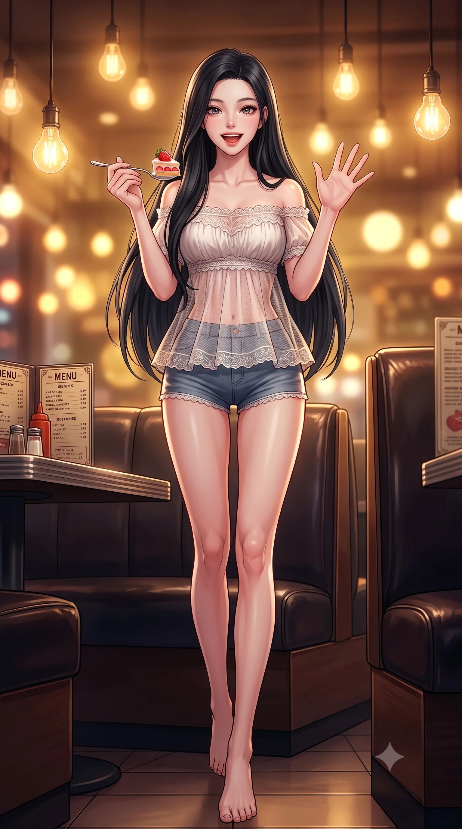 score_9, masterpiece, best quality, ultra-detailed, high-budget anime keyframe, editorial fashion photography, tasteful artistic composition, Korean woman. low angle full-body shot from head to toe showing her feet, filling the entire 9:16 vertical frame with her statuesque presence, stretching her vertical silhouette. stepping forward with a bright, cheerful smile, waving happily at the viewer set against a soft-focus background of in a cozy traditional diner corner with leather booths and vintage menus holding a spoon with a bite of strawberry cake, smiling happily at the camera. She has an absolutely perfect, statuesque 8.5-heads proportion, an exceptionally tall and slender model-like female figure with impossibly long slender legs and an ultra-slim waist. sharp v-shaped jawline, high-bridge nose, intricate jewel-like eyes with depth, thick eyelashes, glossy lips with a natural sheen. wearing slim-fit delicate lace-trim off-shoulder blouse paired with a sheer mesh overlay and form-contouring mini shorts. warm golden lighting from hanging lightbulbs creating a cozy dinner mood. highly saturated vibrant anime colors, detailed shading with soft gradients, rich glossy textures, high-contrast stereoscopic depth, volumetric dynamic lighting, master piece, 9:16 ratio