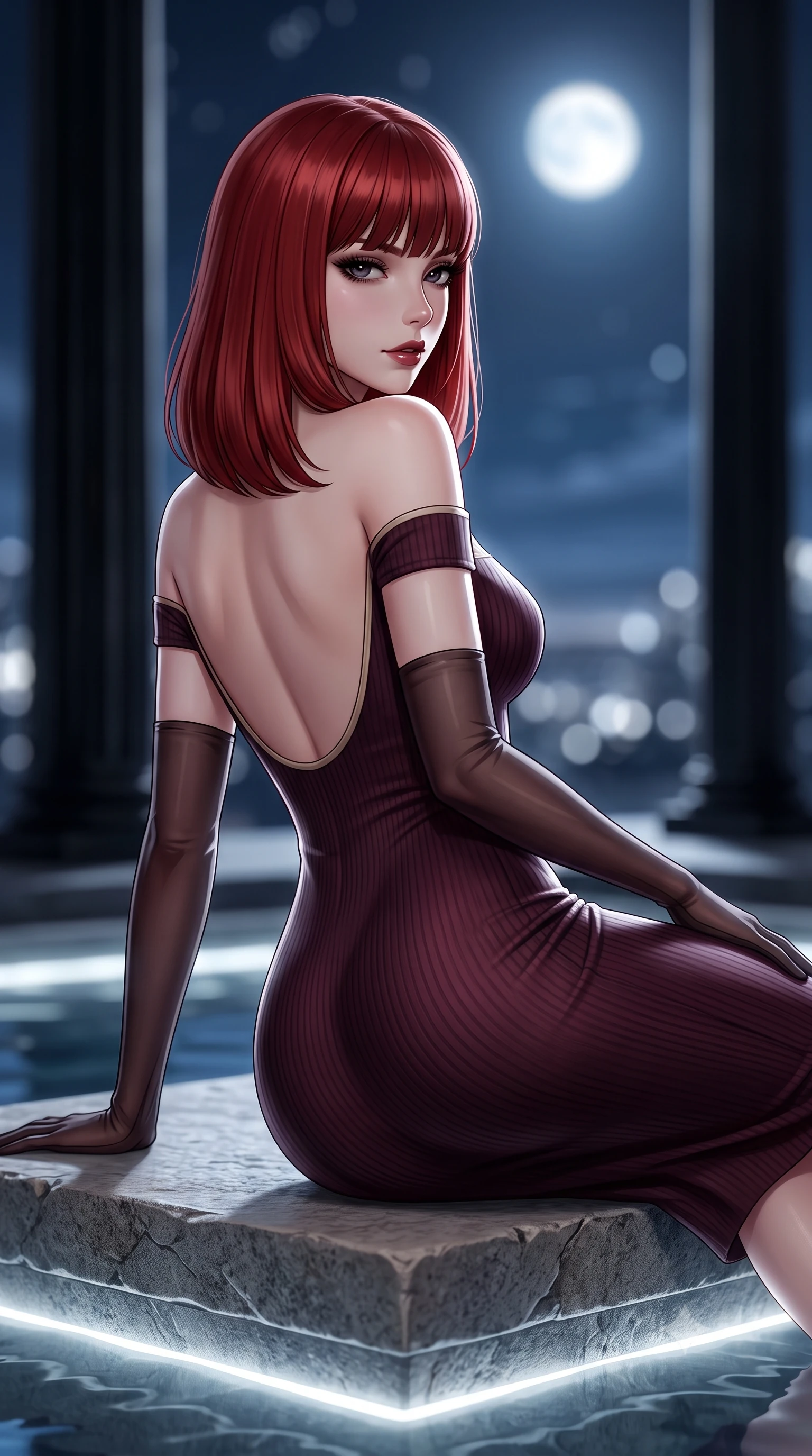 score_9, masterpiece, best quality, ultra-detailed, high-budget anime keyframe, semi-realistic 3D game render, editorial fashion photography, tasteful artistic composition, Caucasian woman. close-up cowboy shot from the waist and thighs up, the character dominates the composition, filling the frame with her large presence. posing in an alluring rear three-quarter angle, turning over a bare shoulder with an intoxicating, smoldering gaze, her hips cocked back to highlight her slim hourglass curve while reclining languidly on a floating stone plinth propped on one elbow, her long slender legs and hourglass curves commanding the frame with dark allure. The composition keeps background elements in soft focus with dreamy creamy bokeh. soaring minimalist black basalt columns and distant open midnight sky with bright full moon blurred into cold platinum, silver, and obsidian bokeh. She has an exceptionally elegant, slender, and willowy female figure with an ultra-slim waist, flat toned midriff, narrow ribcage, and sculpted feminine hips creating an alluring, slim hourglass silhouette without bulk. sharp v-shaped jawline, high-bridge nose, intricate jewel-like dark sparkling eyes with dangerous depth, thick curled eyelashes, glossy parted lips with a rich wine sheen, smoldering seductive half-smile with bedroom-eyes, exuding effortless superiority and intoxicating dark allure, flawlessly proportioned anatomical accuracy, strict slender model proportions, natural body alignment, perfectly sculpted long slender limbs, ultra-slim waistline, clean dynamic posture without body distortion. wearing a form-contouring off-shoulder ribbed cashmere bodycon midi dress with a low-back scoop in dark mulberry wine and antique champagne, made of liquid-tight stretch jersey emphasizing every curve of her body, complemented by sheer dark opera gloves reaching past her elbows, the liquid-tight tailored fabric clinging flawlessly to her narrow waist and rounded feminine hips, emphasizing every millimeter of her sculpted slim hourglass curves without any bulky heaviness. illuminated by subtle underwater fiber-optic perimeter lights and crisp platinum rim lighting sharply carving her slim torso, narrow waist, and curvy hips. highly saturated vibrant anime colors, detailed shading with soft gradients, rich glossy textures, high-contrast stereoscopic depth, volumetric dynamic lighting, master piece, 9:16 ratio