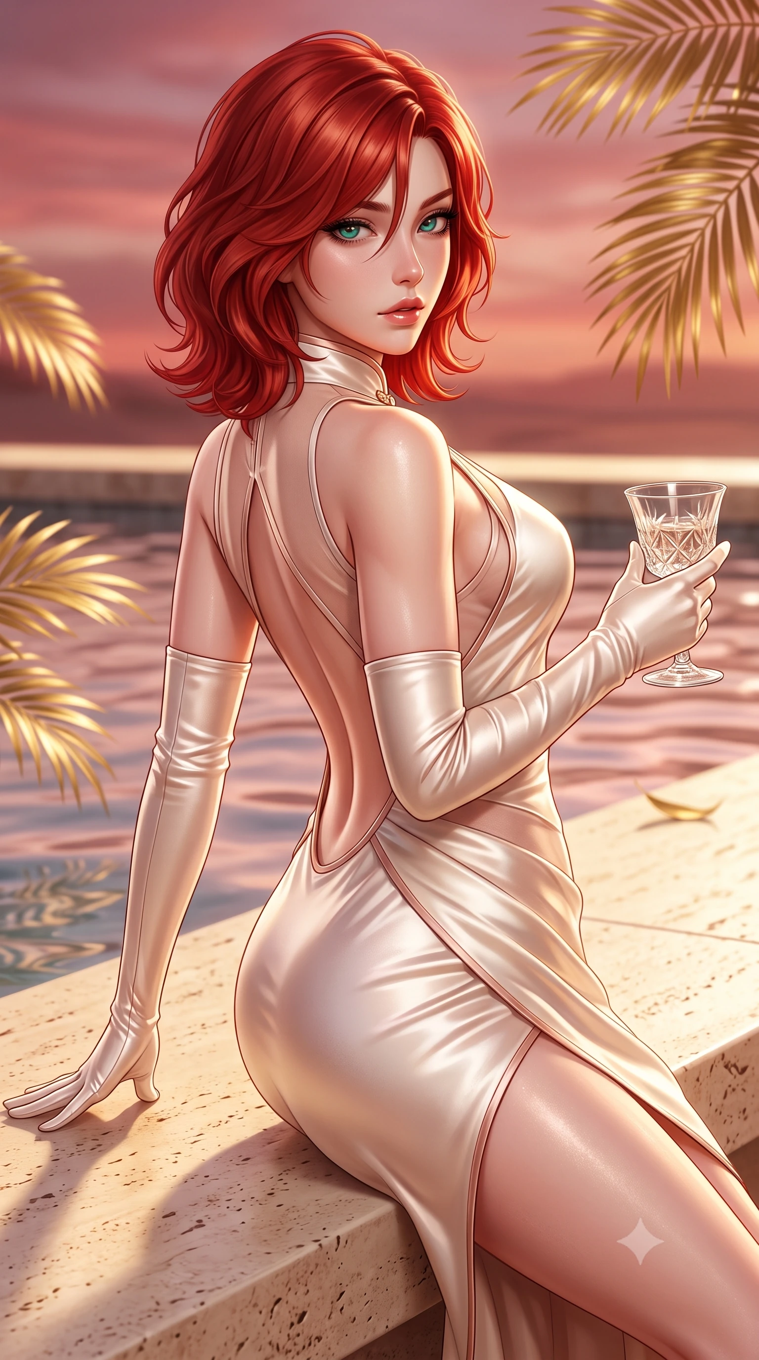 score_9, masterpiece, best quality, ultra-detailed, high-budget anime keyframe, semi-realistic 3D game render, editorial fashion photography, tasteful artistic composition, Korean woman. close-up cowboy shot from the waist and thighs up, the character dominates the composition, filling the frame with her large presence. leaning back with relaxed seductive grace, her sculpted collarbones and narrow waist highlighted as she casts smoldering bedroom-eyes directly into the camera while standing poised on the sunlit travertine pool deck, turning in an alluring silhouette as desert twilight paints the sky in shades of rose and copper. The composition keeps background elements in soft focus with creamy bokeh. floating golden palm leaves and pool water ripples softened in ultra-luxury shallow focus. She has an exceptionally elegant, slender, and willowy female figure with an ultra-slim waist, flat toned midriff, narrow ribcage, and sculpted feminine hips creating an alluring, slim hourglass silhouette without bulk. sharp v-shaped jawline, high-bridge nose, intricate jewel-like eyes with depth, thick eyelashes, glossy parted lips with a natural sheen, intensely captivating and seductive bedroom-eyes expression, flawlessly proportioned anatomical accuracy, strict slender model proportions, natural body alignment, perfectly sculpted long slender limbs, ultra-slim waistline, clean dynamic posture without body distortion. wearing a wet-look silk fusion wrap dress with asymmetrical sheer mesh cutouts and high Mandarin collar in vintage champagne ivory and delicate rose gold, tailored from ultra-smooth duchess satin with a pearlescent sheen, accessorized with opera-length satin gloves and a vintage crystal glass, the dramatically scooped open back descending to the base of her spine, accentuating her razor-sharp statuesque lines and slim hourglass silhouette. illuminated by intense specular pool water reflections sharply carving her razor-sharp jawline, narrow waist, and curvy hips. highly saturated vibrant anime colors, detailed shading with soft gradients, rich glossy textures, high-contrast stereoscopic depth, volumetric dynamic lighting, master piece, 9:16 ratio