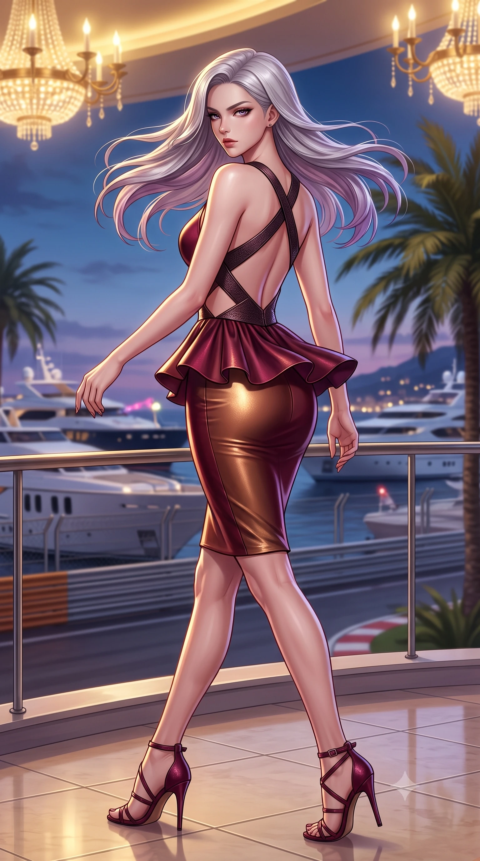 score_9, masterpiece, best quality, ultra-detailed, high-budget anime keyframe, semi-realistic 3D game render, editorial fashion photography, tasteful artistic composition, Caucasian woman. low angle full-body shot from head to toe showing her feet, filling the entire 9:16 vertical frame with her statuesque presence, stretching her vertical silhouette. executing an elegant mid-motion pivot turn as garments swirl around her slender limbs, glancing over her shoulder with an intoxicating bedroom-gaze while striding dynamically along the marina balcony as superyacht horns echo below, her glittering backless dress tightly hugging her feminine curves. The composition keeps background elements in soft focus with creamy bokeh. grand prix circuit barriers and terrace palm trees softened in glamorous shallow focus. She has an absolutely perfect, statuesque 8.5-heads proportion, an exceptionally tall and slender model-like female figure with impossibly long slender legs, a toned flat midriff, an ultra-slim waist, and beautifully sculpted feminine hips. sharp v-shaped jawline, high-bridge nose, intricate jewel-like eyes with depth, thick eyelashes, glossy parted lips with a natural sheen, intensely captivating and seductive bedroom-eyes expression, flawlessly proportioned anatomical accuracy, strict slender model proportions, natural body alignment, perfectly sculpted long slender limbs, ultra-slim waistline, clean dynamic posture without body distortion. wearing a modern peplum corset dress with side-waist diamond cutouts and an ultra-tight silhouette in rich wine burgundy and liquid bronze, made of liquid silk jersey adhering flawlessly to her slender build, featuring an open-back criss-cross harness strap in dark leather, the precision-cut side openings and low-back scoop framing her graceful spine and the sensual sweep of her hips. bathed in opulent golden casino chandelier light and cool Mediterranean twilight ambient fill. highly saturated vibrant anime colors, detailed shading with soft gradients, rich glossy textures, high-contrast stereoscopic depth, volumetric dynamic lighting, master piece, 9:16 ratio