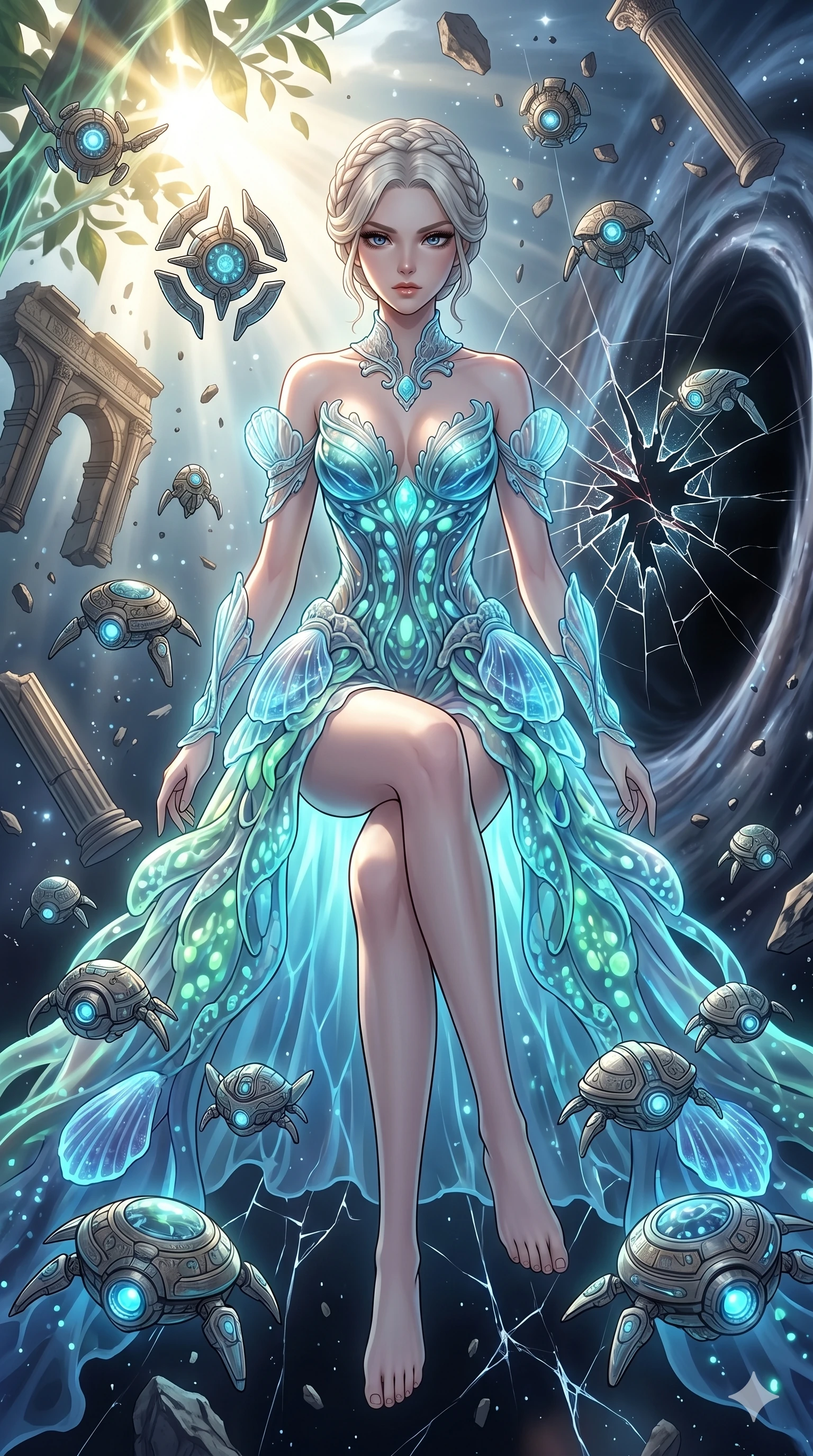 score_9, masterpiece, best quality, ultra-detailed, Set A: High-budget Anime Keyframe, Caucasian (human ears) woman. Upper body close-up from the thighs up, character filling the screen for maximum presence. Theme: Historical Remix. shattering the fabric of reality in the edge of a black hole, surrounded by 29 hovering guardian drones. The atmosphere is filled with cinematic sunlight through leaves. She has an absolutely perfect 8-heads proportion, an exceptionally tall and slender female figure with impossibly long slender legs and an ultra-slim waist. Sharp v-shaped jawline, high-bridge nose, intricate jewel-like eyes with depth, glossy lips. Wearing Bioluminescent coral-reef dress with transparent shell-textured accessories. Cinematic lighting, vivid colors, dramatic shadows, 2k, ultra detail, master piece, 9:16 ratio