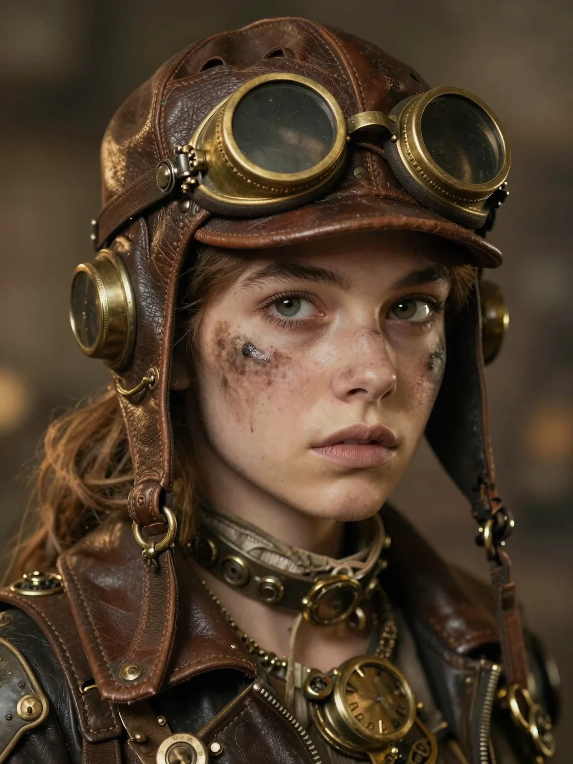 (masterpiece:1.2), best quality, steampunk aesthetic, (1girl:1.2), beautiful pilot, leather aviator cap, brass goggles on forehead, face smudged with soot, determined look, (vintage warm lighting:1.1), 2k, ultra detail, 3:4 ratio