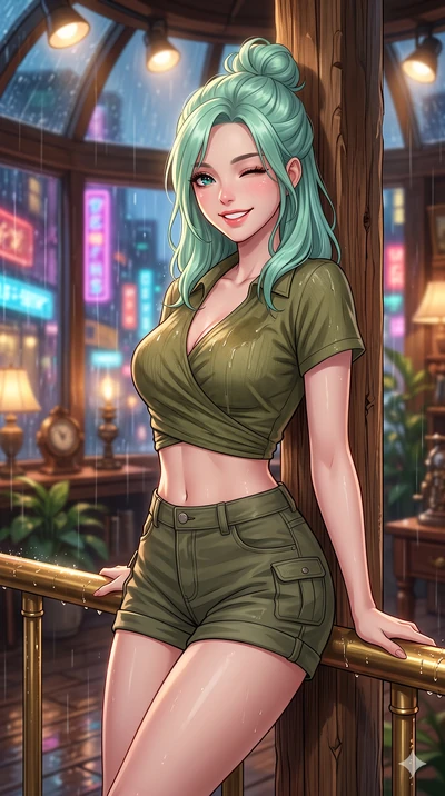 score_9, masterpiece, best quality, ultra-detailed, high-budget anime keyframe, vibrant anime aesthetic, Japanese woman. close-up cowboy shot from the waist and thighs up, the character dominates the composition, filling the frame with her large pres