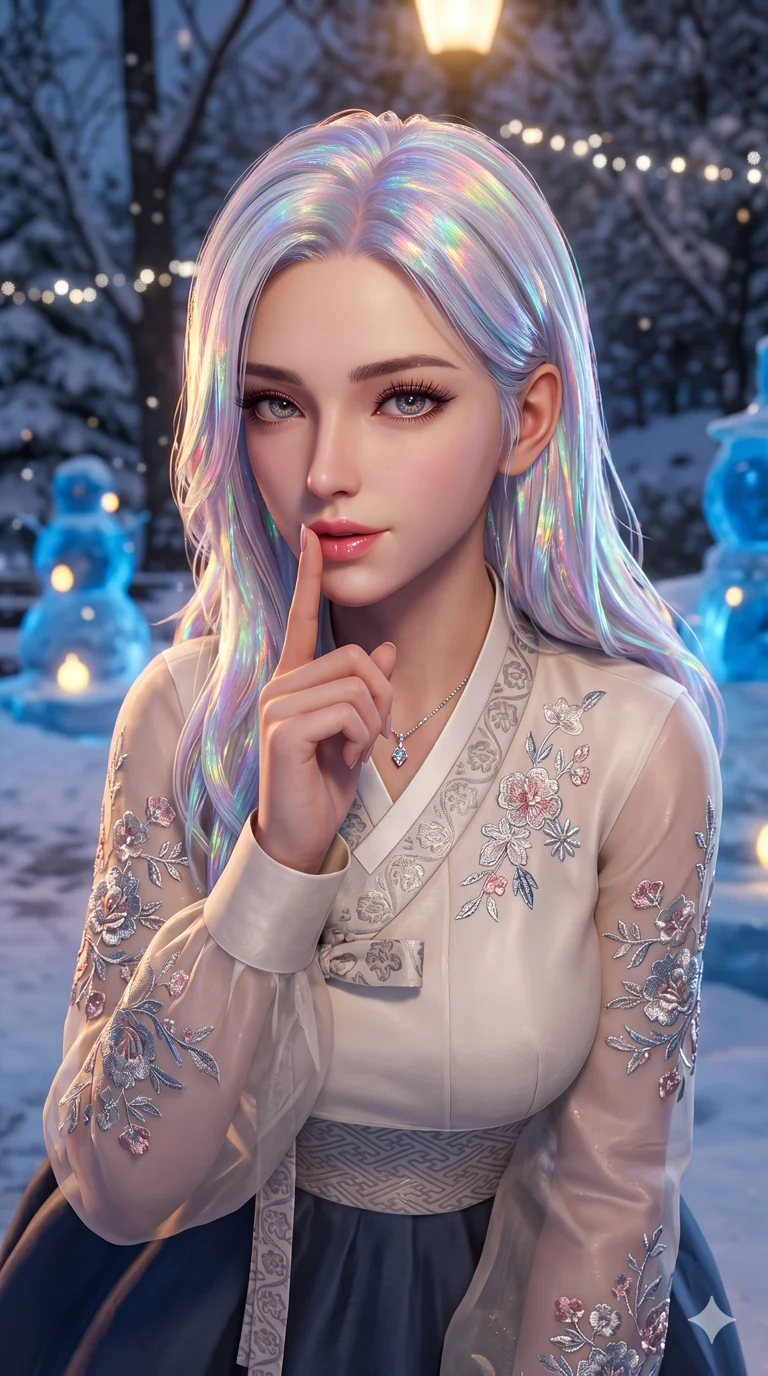 score_9, masterpiece, best quality, ultra-detailed, semi-realistic high-budget 3D game render, Stellar Blade style aesthetic, an incredibly beautiful Caucasian woman (strictly human ears). Medium shot of upper body focusing on her alluring and cute features and her iridescent opal-colored hair with shimmering rainbow highlights, filling the vertical 9:16 frame. She is whispering a secret while leaning forward towards the camera. She has a sharp v-shaped jawline, high-bridge nose, intricate jewel-like eyes, thick eyelashes, and glossy lips. She possesses an absolutely perfect 8-heads proportion and a slim-fit silhouette. She is wearing a cute modern hanbok-fusion blouse with sheer fabric sleeves and floral embroidery, highlighting her alluring silhouette. a serene snowy park with glowing blue ice sculptures, dramatic rim lighting, cinematic shadows, 2k, ultra detail, master piece, 9:16 ratio