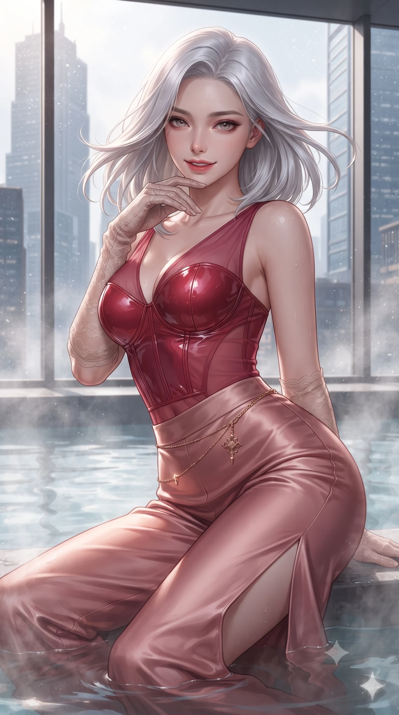 score_9, masterpiece, best quality, ultra-detailed, high-budget anime keyframe, editorial fashion photography, tasteful artistic composition, Korean woman. close-up cowboy shot from the waist and thighs up, the character dominates the composition, filling the frame with her large presence. turning slowly with an enchanting smoldering smile, her glossy hair tossing in the breeze as her hips angle gracefully in a captivating contrapposto while lounging in the shallow thermal water propped on one elbow, her statuesque 8.5-heads silhouette radiating breathtaking futuristic power and allure. The surrounding environment is rendered in vivid detail and crisp panoramic clarity: detailed wet-look high-cut monokini cling, gold waist chain shine, and mega-skyscraper cantilever engineering in high resolution. She has an exceptionally elegant, slender, and willowy female figure with an ultra-slim waist, flat toned midriff, narrow ribcage, and sculpted feminine hips creating an alluring, slim hourglass silhouette without bulk. sharp v-shaped jawline, high-bridge nose, sparkling eyes with hypnotic seductive depth, thick curled eyelashes, glossy parted lips with a natural dewy peach sheen, alluring bedroom-eyes with an enchanting coquettish smile, exuding magnetic siren charisma and sophisticated glamour, flawlessly proportioned anatomical accuracy, strict slender model proportions, natural body alignment, perfectly sculpted long slender limbs, ultra-slim waistline, clean dynamic posture without body distortion. wearing a wet-look form-fitting vinyl bustier paired with sheer chiffon high-slit wide-leg trousers in smoldering crimson wine and deep rose-gold, crafted from fluid liquid silk satin that clings smoothly to every curve with a dewy sheen, complemented by sheer opera-length lace evening gloves tracing her slender arms, the glove-like clinging cut tightly following the natural contour of her hips and long slender legs with youthful 8.5-heads elegance. illuminated by steam particle light scatter and sharp platinum-violet rim lights defining her razor-sharp jawline, narrow waist, and voluptuous hip curves. ultra-reflective glossy finish, specular highlights, rich textural contrasts, high-contrast stereoscopic depth, volumetric dynamic lighting, 2k, ultra detail, master piece, 9:16 ratio