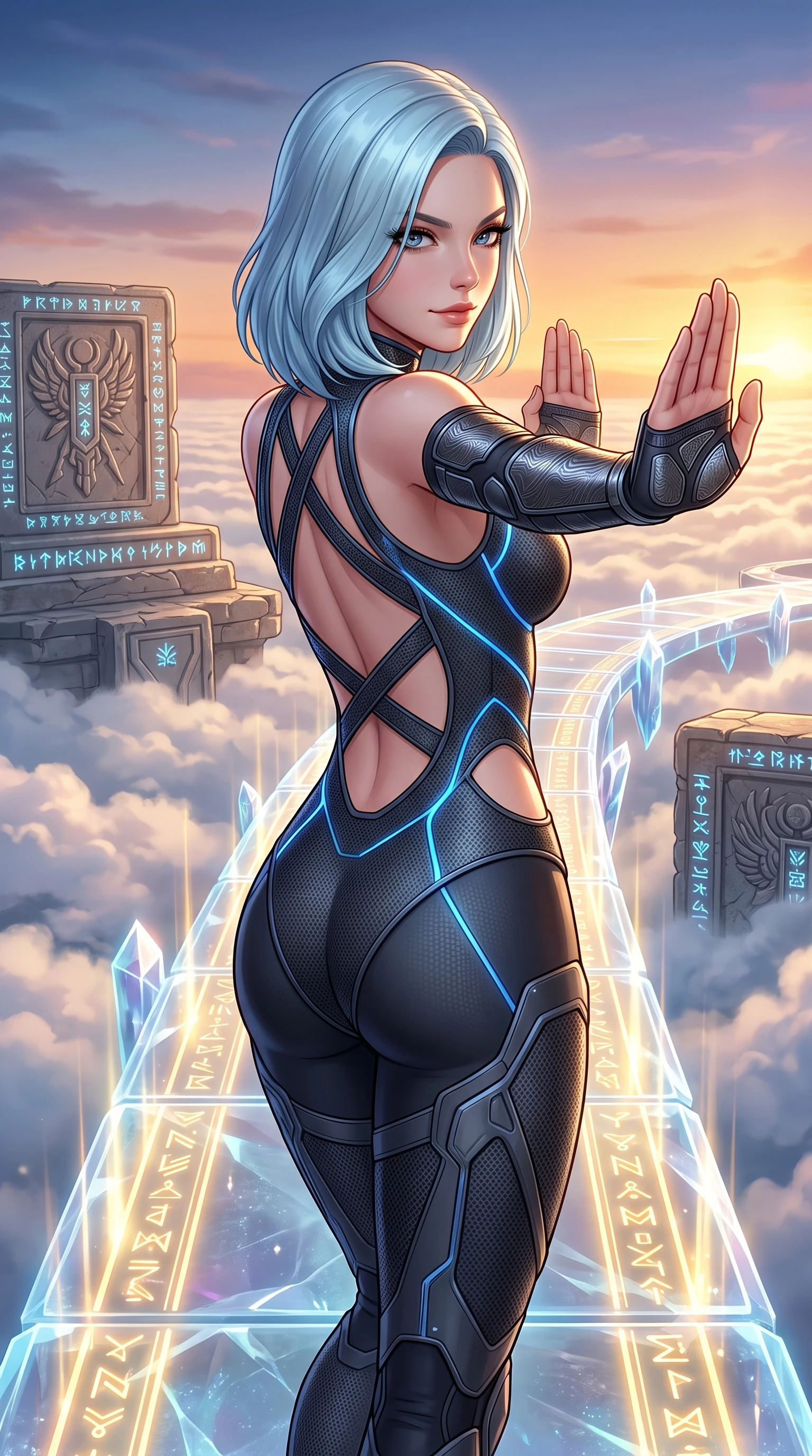 score_9, masterpiece, best quality, ultra-detailed, high-budget anime keyframe, semi-realistic 3D game render, editorial fashion photography, tasteful artistic composition, Korean woman. close-up cowboy shot from the waist and thighs up, the character dominates the composition, filling the frame with her large presence. resting one hand in a defensive deflective posture while glancing over her shoulder with thick eyelashes and a confident, smoldering combat half-smile while stepping along a glowing crystal bridge suspended above clouds with arms held in ancient martial arts harmony. The surrounding environment is rendered in vivid detail and crisp panoramic clarity. intricate kinetic palm plate engravings, stone altar reliefs, and cloud vapor crests in high resolution. She has an exceptionally elegant, slender, and willowy female figure with an ultra-slim waist, a gracefully sculpted slender torso, toned flat midriff, and a refined slim silhouette. sharp v-shaped jawline, high-bridge nose, intricate jewel-like eyes with depth, thick eyelashes, glossy lips with a natural sheen, flawlessly proportioned anatomical accuracy, strict slender model proportions, natural body alignment, perfectly sculpted long slender limbs, ultra-slim waistline, clean dynamic posture without body distortion. wearing an aerodynamic dark titanium carbon-mesh jumper with glowing blue fiber lines and reinforced Damascus-pattern arm guards in electric cobalt blue carbon with polished platinum trim, tailored from flexible second-skin carbon-mesh that clings flawlessly to her athletic curves, complemented by criss-cross back harness straps highlighting her completely bare spine, the precision-cut daring openings accentuating her delicate midriff, graceful bare collarbones, and ultra-slim feminine waistline. bathed in radiant golden holographic rune uplights and warm sunset horizon fill light. rich saturated anime colors with glowing neon highlights, detailed shading with soft gradients, rich glossy textures, high-contrast stereoscopic depth, volumetric dynamic lighting, master piece, 9:16 ratio