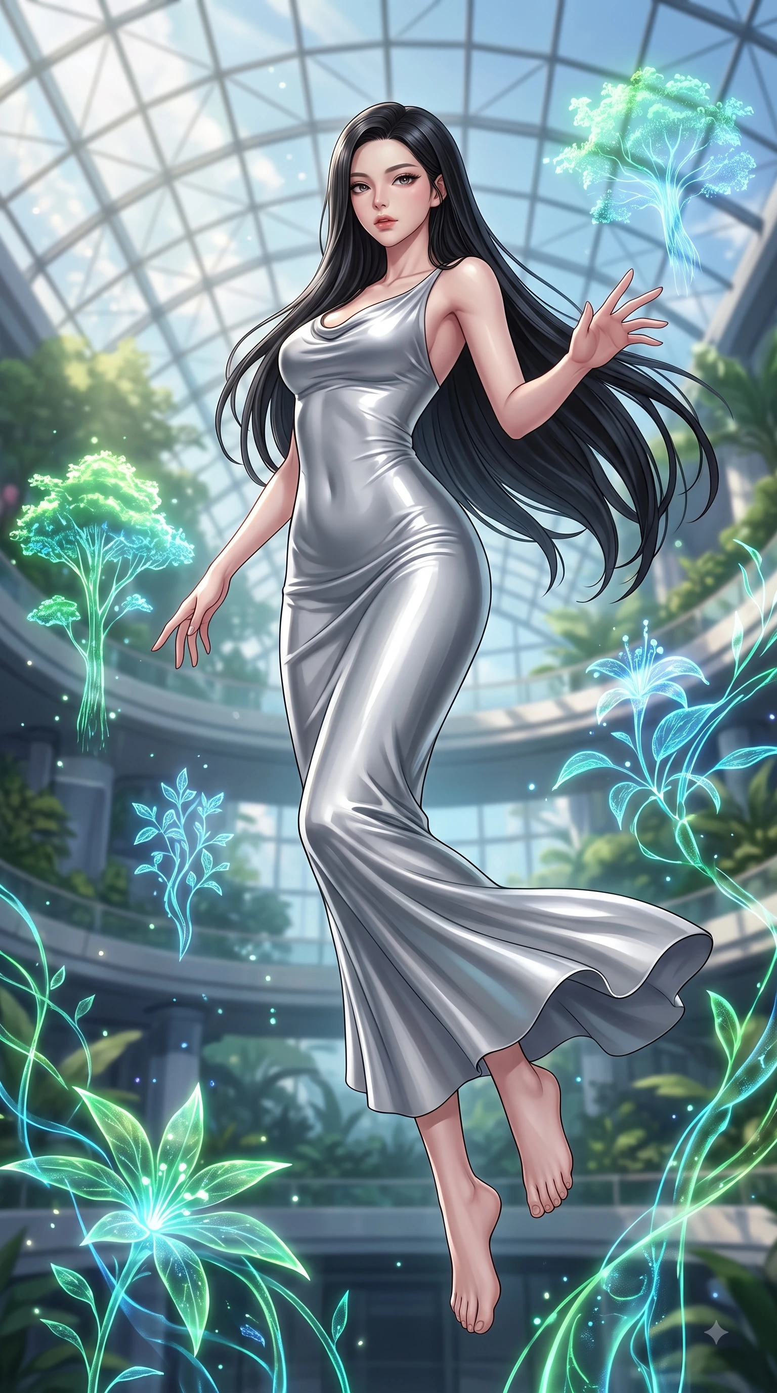 score_9, masterpiece, best quality, ultra-detailed, high-budget anime keyframe, editorial fashion photography, tasteful artistic composition, Korean woman woman. low angle full-body shot from head to toe showing her feet, filling the entire 9:16 vertical frame with her statuesque presence, stretching her vertical silhouette. She has an absolutely perfect, statuesque 8.5-heads proportion, an exceptionally tall and slender model-like female figure with impossibly long slender legs and an ultra-slim waist. floating dynamically in zero-gravity with flawless poise, reaching her hand forward gracefully, flawlessly proportioned anatomical accuracy, natural body alignment, perfectly sculpted elegant limbs, clean dynamic posture without body distortion. set against a soft-focus background of a futuristic botanical pavilion with floating hologram plants. wearing a sleek bodycon liquid silver jersey dress hugging every curve with a subtle cowl neckline. bathed in dappled morning sunlight filtering through glass roof grid structures. highly saturated vibrant anime colors, detailed shading with soft gradients, rich glossy textures, high-contrast stereoscopic depth, volumetric dynamic lighting, master piece, 9:16 ratio
