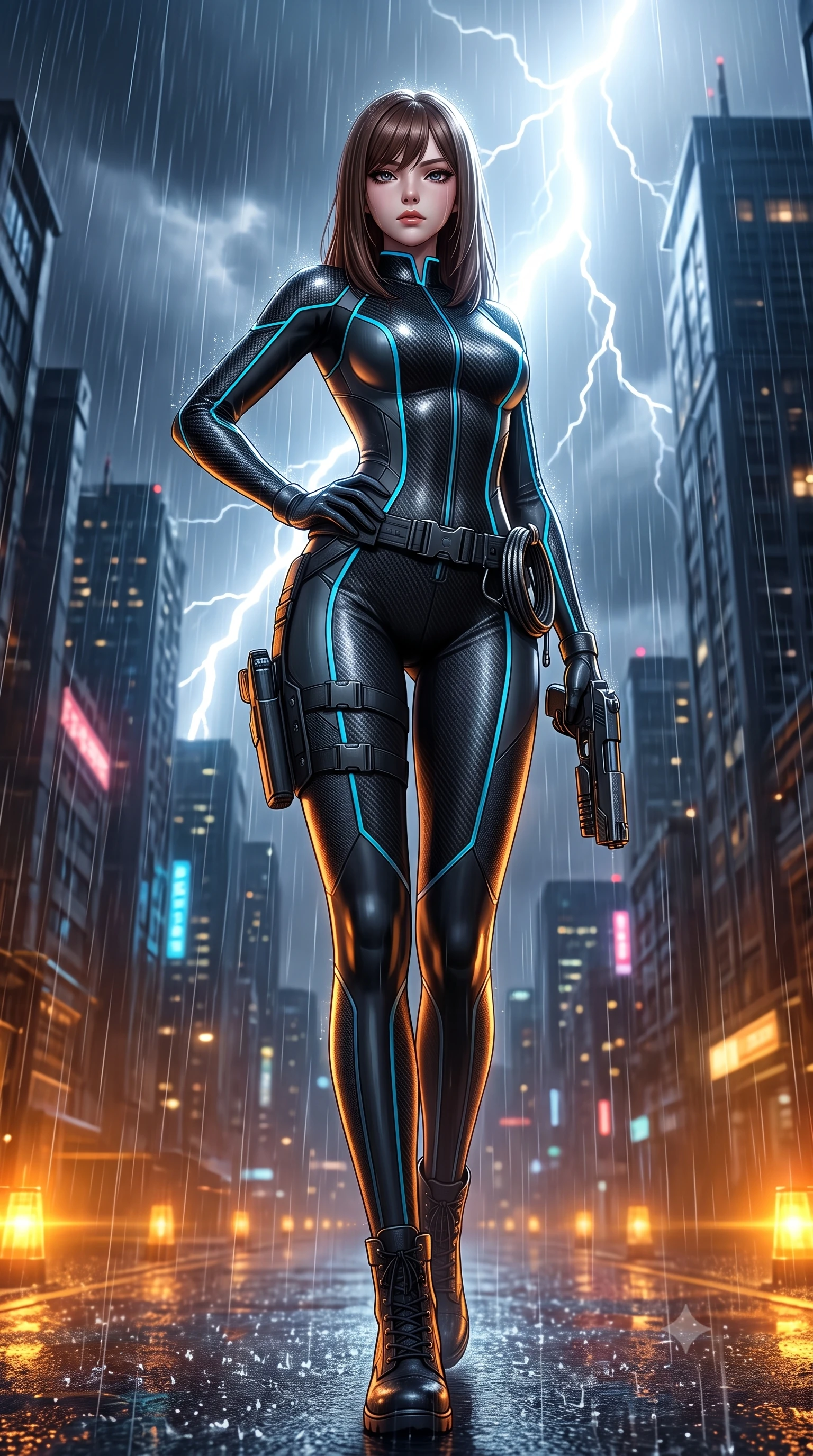 score_9, masterpiece, best quality, ultra-detailed, high-budget anime keyframe, semi-realistic 3D game render, editorial fashion photography, tasteful artistic composition, Korean woman. low angle full-body shot from head to toe showing her feet, filling the entire 9:16 vertical frame with her statuesque presence, stretching her vertical silhouette. standing poised with one hip cocked in an alluring high-fashion pose, her tall 8.5-heads proportions dominating the scene while striding through the rainstorm with lethal grace, grappling gun holstered at her hip as thunder rumbles overhead. The surrounding environment is rendered in vivid detail and crisp panoramic clarity. intense neo-noir chiaroscuro and atmospheric rain-soaked metropolis action aesthetics rendered with precision. She has an absolutely perfect, statuesque 8.5-heads proportion, an exceptionally tall and slender model-like female figure with impossibly long slender legs, a toned flat midriff, and an ultra-slim waist. sharp v-shaped jawline, high-bridge nose, intricate jewel-like eyes with depth, thick eyelashes, glossy lips with a natural sheen, captivating and magnetic expression, flawlessly proportioned anatomical accuracy, strict slender model proportions, natural body alignment, perfectly sculpted long slender limbs, ultra-slim waistline, clean dynamic posture without body distortion. wearing a sophisticated covert-ops catsuit with liquid jersey panels and quick-draw thigh holsters in polished asphalt black and electric cyan LED lines, made of ultra-strong woven carbon-fiber composite with satin luster, equipped with a grappling cable spool mechanism and tactical waist belt, the form-contouring material adhering flawlessly to her sculpted flat midriff and slender torso, emphasizing her long leg lines and perfectly proportioned willowy build. bathed in blinding white storm lightning flash backlighting and warm amber perimeter beacon fill. highly saturated vibrant anime colors, detailed shading with soft gradients, rich glossy textures, high-contrast stereoscopic depth, volumetric dynamic lighting, master piece, 9:16 ratio