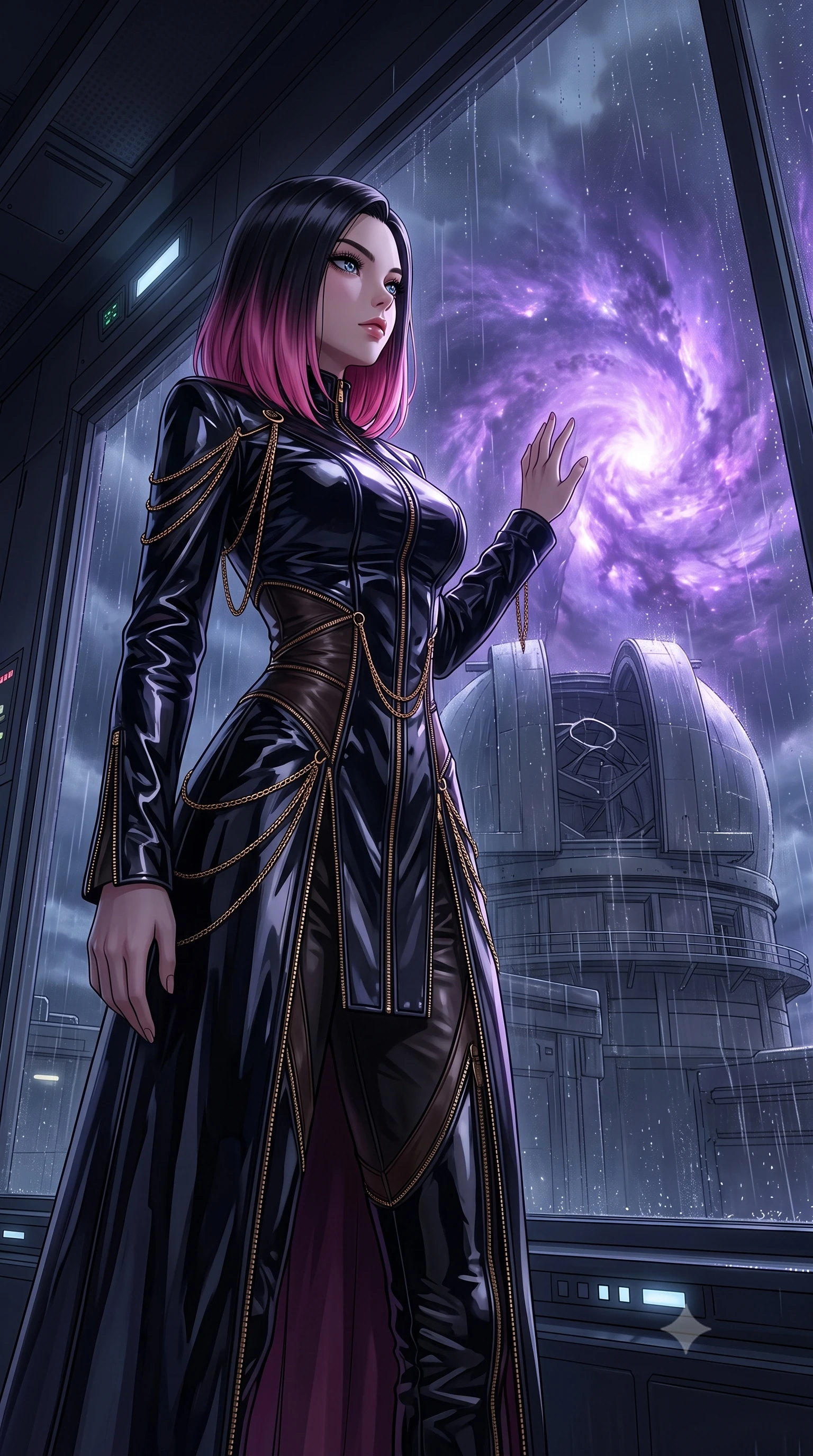 score_9, masterpiece, best quality, ultra-detailed, High-budget Anime Keyframe, East Asian woman. Low angle cowboy shot filling the entire 9:16 frame with her statuesque presence. Scenario 306: looking out at the rain through a wet glass window near a high-altitude observatory dome under a swirling violet nebula. Her presence is magnetic and overpowering in this high-budget anime scene. Outfit 306: a slim-fit patent leather long with a unzipped detail and fine gold chains. The clothing is designed to emphasize her exceptionally tall and slender 8-heads proportion. 8-heads proportion, towering silhouette, ultra-slim waist. sharp v-shaped jawline, intricate jewel-like eyes with depth, thick eyelashes, glossy lips. 2k, ultra detail, master piece, 9:16 ratio