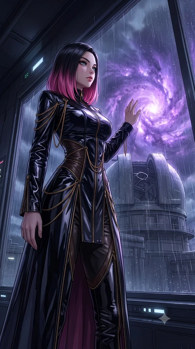 score_9, masterpiece, best quality, ultra-detailed, High-budget Anime Keyframe, East Asian woman. Low angle cowboy shot filling the entire 9:16 frame with her statuesque presence. Scenario 306: looking out at the rain through a wet glass window near 