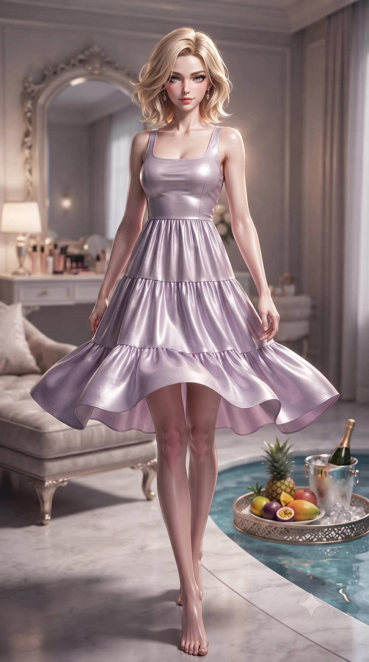 score_9, masterpiece, best quality, ultra-detailed, high-budget anime keyframe, editorial fashion photography, tasteful artistic composition, Caucasian woman. low angle full-body shot from head to toe showing her feet, filling the entire 9:16 vertical frame with her statuesque presence, stretching her vertical silhouette. twirling slowly with a sensual half-smile, letting her silky robe billow gently to reveal her elegant leg line set against a soft-focus background of inside an exclusive vanity suite with a floating pool tray of tropical fruits and chilled wine in soft focus. She has an absolutely perfect, statuesque 8.5-heads proportion, an exceptionally tall and slender model-like female figure with impossibly long slender legs and an ultra-slim waist. sharp v-shaped jawline, high-bridge nose, intricate jewel-like eyes with depth, thick eyelashes, glossy lips with a natural sheen. wearing tailored pale lavender metallic jersey flowy linen sundress with a comfortable tiered skirt silhouette featuring refined tailored seams. accented by a single dramatic key light highlighting her statuesque posture and slim waist. ultra-reflective glossy finish, specular highlights, metallic sheen, high-contrast stereoscopic depth, volumetric dynamic lighting, 2k, ultra detail, master piece, 9:16 ratio