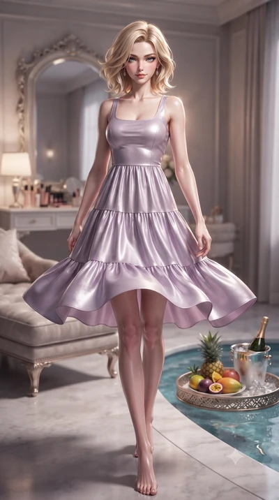 score_9, masterpiece, best quality, ultra-detailed, high-budget anime keyframe, editorial fashion photography, tasteful artistic composition, Caucasian woman. low angle full-body shot from head to toe showing her feet, filling the entire 9:16 vertica