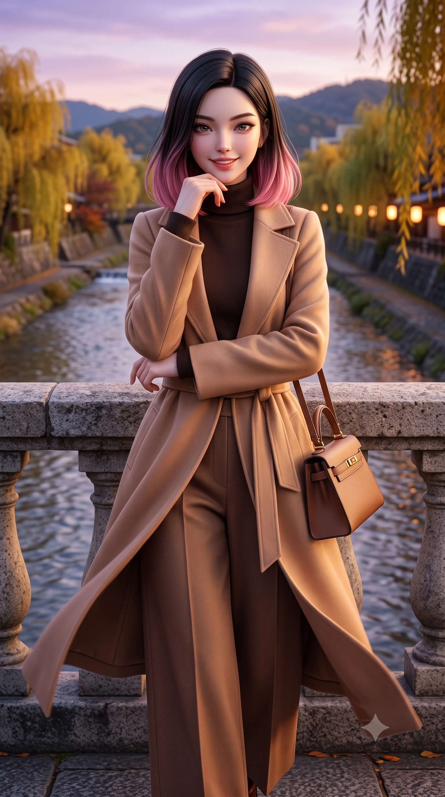 score_9, masterpiece, best quality, ultra-detailed, high-budget anime keyframe, semi-realistic 3D game render, editorial fashion photography, tasteful artistic composition, Korean woman. close-up cowboy shot from the waist and thighs up, the character dominates the composition, filling the frame with her large presence. resting one elbow on the stone balustrade, chin poised lightly on her hand with intelligent, charming warmth while walking along the riverside stone promenade with poised strides, her wool coat billowing softly in the river current breeze. The background shows a soft-focus clear flowing Kamogawa river waters, weeping willow trees turning gold along riverbanks, and distant Higashiyama hills blurred into indigo, golden olive, and slate bokeh. She has an exceptionally elegant, slender, and willowy female figure with an ultra-slim waist, flat toned midriff, narrow ribcage, and sculpted feminine hips creating an alluring, slim hourglass silhouette without bulk. sharp v-shaped jawline, high-bridge nose, intricate jewel-like sparkling eyes with depth, thick eyelashes, glossy parted lips with a natural peach sheen, bright cheerful beaming smile with an enchanting and coquettish sensual glint, exuding both youthful cute charm and seductive allure, flawlessly proportioned anatomical accuracy, strict slender model proportions, natural body alignment, perfectly sculpted long slender limbs, ultra-slim waistline, clean dynamic posture without body distortion. wearing a modern tailored silk-blend robe coat with minimalist sash belt layered over a high-neck blouse and wide culottes in Saint-Germain camel wool and warm espresso, crafted from ultra-soft Mongolian cashmere with exquisite insulating warmth and tactile softness, finished with a structured leather top-handle mini bag resting gracefully at her side, the bespoke architectural tailoring hugging her natural waistline with sartorial precision, creating a clean graceful hourglass silhouette with tall model elegance. bathed in the soft purple-gold twilight glow of autumn sunset over the Higashiyama mountains mixed with warm paper lantern lights. highly saturated vibrant anime colors, detailed shading with soft gradients, rich glossy textures, high-contrast stereoscopic depth, volumetric dynamic lighting, master piece, 9:16 ratio