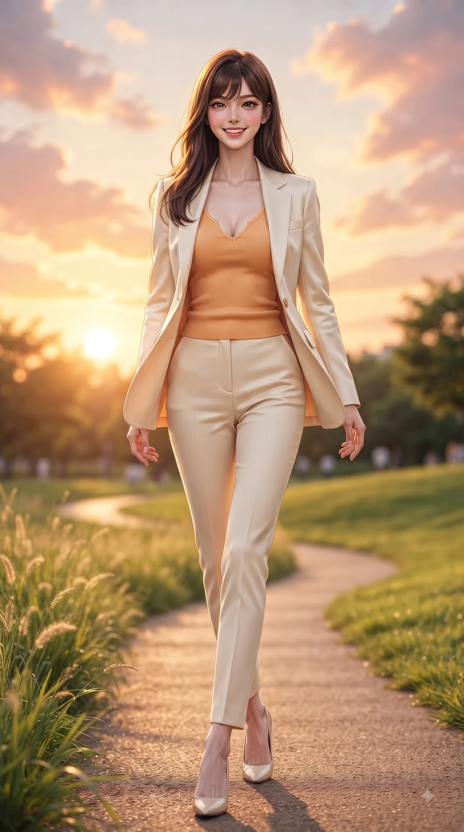 score_9, masterpiece, best quality, ultra-detailed, high-budget anime keyframe, editorial fashion photography, tasteful artistic composition, Korean woman. low angle full-body shot from head to toe showing her feet, filling the entire 9:16 vertical frame with her statuesque presence, stretching her vertical silhouette. walking forward in a proud dynamic stride with a cheerful beaming smile, her vertical silhouette filling the frame while walking cheerfully along a park pathway bordered by swaying grass as sunset light paints the sky. The composition keeps background elements in soft focus with dreamy bokeh. green park lawns and glowing clouds blurred smoothly behind her elegant silhouette. She has an absolutely perfect, statuesque 8.5-heads proportion, an exceptionally tall and slender model-like female figure with impossibly long slender legs and an ultra-slim waist. sharp v-shaped jawline, high-bridge nose, intricate jewel-like eyes with depth, thick eyelashes, glossy lips with a natural sheen, flawlessly proportioned anatomical accuracy, natural body alignment, perfectly sculpted elegant limbs, clean dynamic posture without body distortion. wearing a tailored cream silk blazer over a fitted scoop-neck camisole and slacks in warm apricot orange and cream white, knitted from soft cozy cashmere yarn, accented with a Tasteful chest slit framing her clavicle gracefully, the glove-like fit emphasizing her statuesque silhouette during motion. bathed in glorious golden hour sunset sunbeams and warm amber sky radiance. ultra-reflective glossy finish, specular highlights, metallic sheen, high-contrast stereoscopic depth, volumetric dynamic lighting, 2k, ultra detail, master piece, 9:16 ratio
