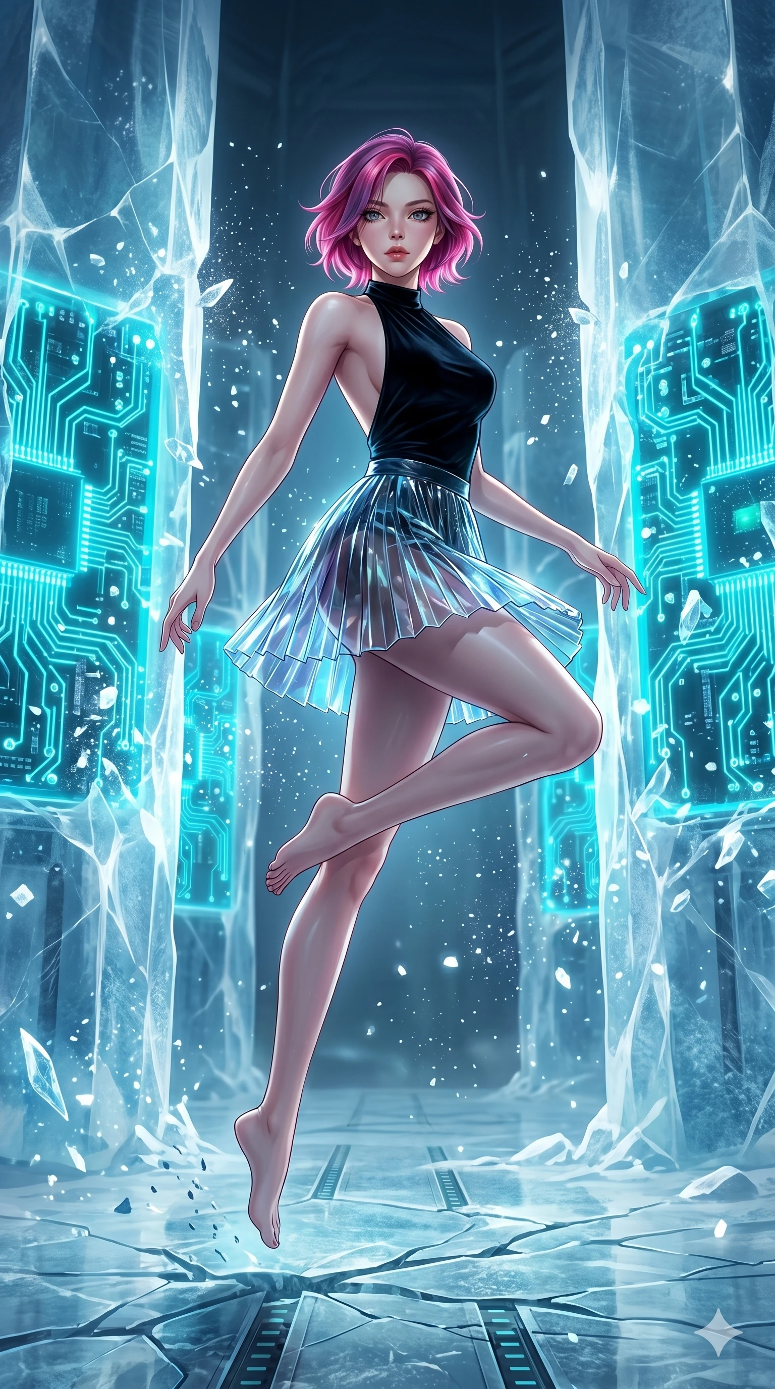 score_9, masterpiece, best quality, ultra-detailed, high-budget anime keyframe, Korean woman. low angle full-body shot filling the entire 9:16 frame with her statuesque presence, stretching the vertical silhouette. leaping inside a sub-zero cybernetic ice temple, where glowing neon cyan computer circuit boards are frozen within transparent ice pillars, fracturing ice crystals into sparkles around her. She has an absolutely perfect 8-heads proportion, an exceptionally tall and slender female figure with impossibly long slender legs and an ultra-slim waist. V-shaped jawline, high-bridge nose, intricate jewel-like eyes with depth, thick eyelashes, glossy lips with a natural sheen.. wearing a fractal glass pleated skirt and a backless black velvet halter neck top, creating a dramatic and elegant silhouette. illuminated by dramatic chiaroscuro casting soft shadows along her curves, with vibrant backlighting highlighting the dust particles. 2k, ultra detail, master piece, 9:16 ratio