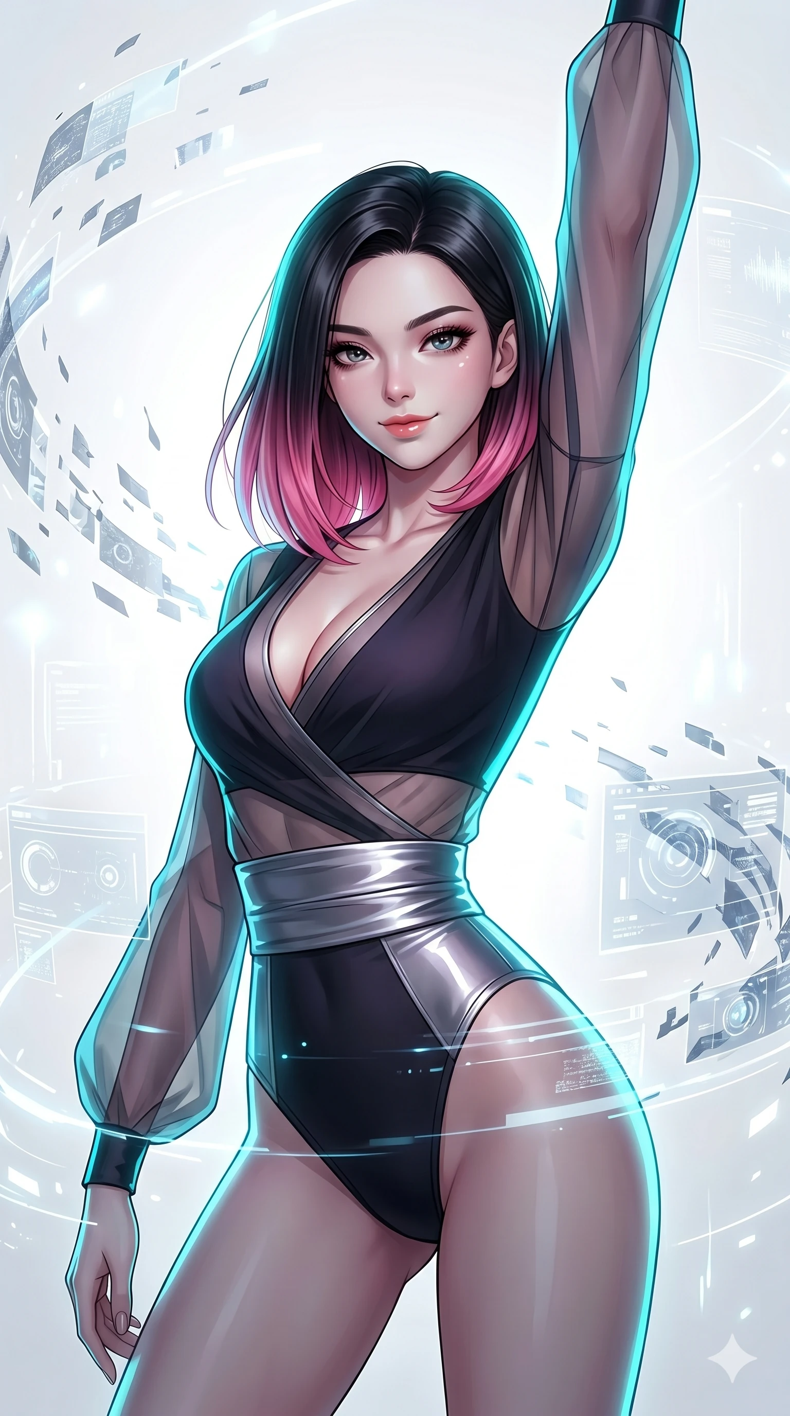score_9, masterpiece, best quality, ultra-detailed, high-budget anime keyframe, editorial fashion photography, tasteful artistic composition, Korean woman. Upper body close-up from the thighs up, character filling the screen for maximum presence. She is leaning back with a seductive, challenging smile amidst swirling holographic data shards in a brilliant white digital void. She stretches one arm overhead in a dynamic, fluid motion. She has an absolutely perfect 8-heads proportion, an exceptionally tall and slender female figure with impossibly long slender legs and an ultra-slim waist. V-shaped jawline, high-bridge nose, intricate jewel-like eyes with depth, thick eyelashes, glossy lips with a natural sheen. She is wearing a shortened cyber-fusion wrap top with transparent chiffon panels, a deep crossover neckline, and a high-waisted metallic sash that accentuates her ultra-slim waist. The scene is illuminated by stark white key lights and a neon cyan rim light tracing her curves. 2k, ultra detail, master piece, 9:16 ratio