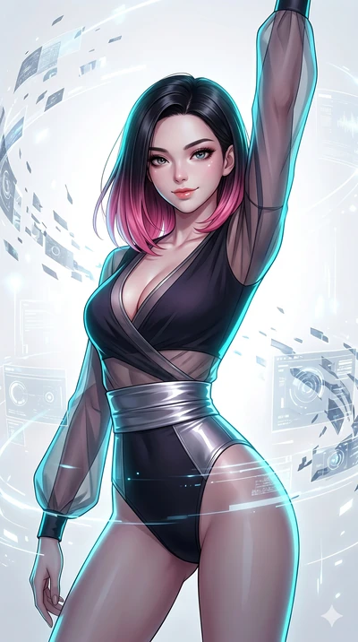 score_9, masterpiece, best quality, ultra-detailed, high-budget anime keyframe, editorial fashion photography, tasteful artistic composition, Korean woman. Upper body close-up from the thighs up, character filling the screen for maximum presence. She